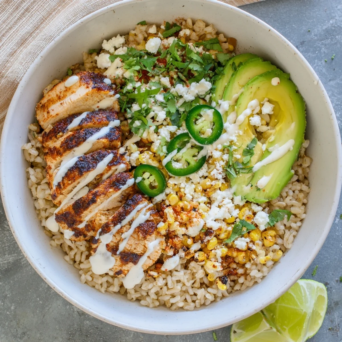 Grilled chicken slices sit atop brown rice in a vibrant Street Corn Chicken Bowl with charred kernels and fresh toppings. 