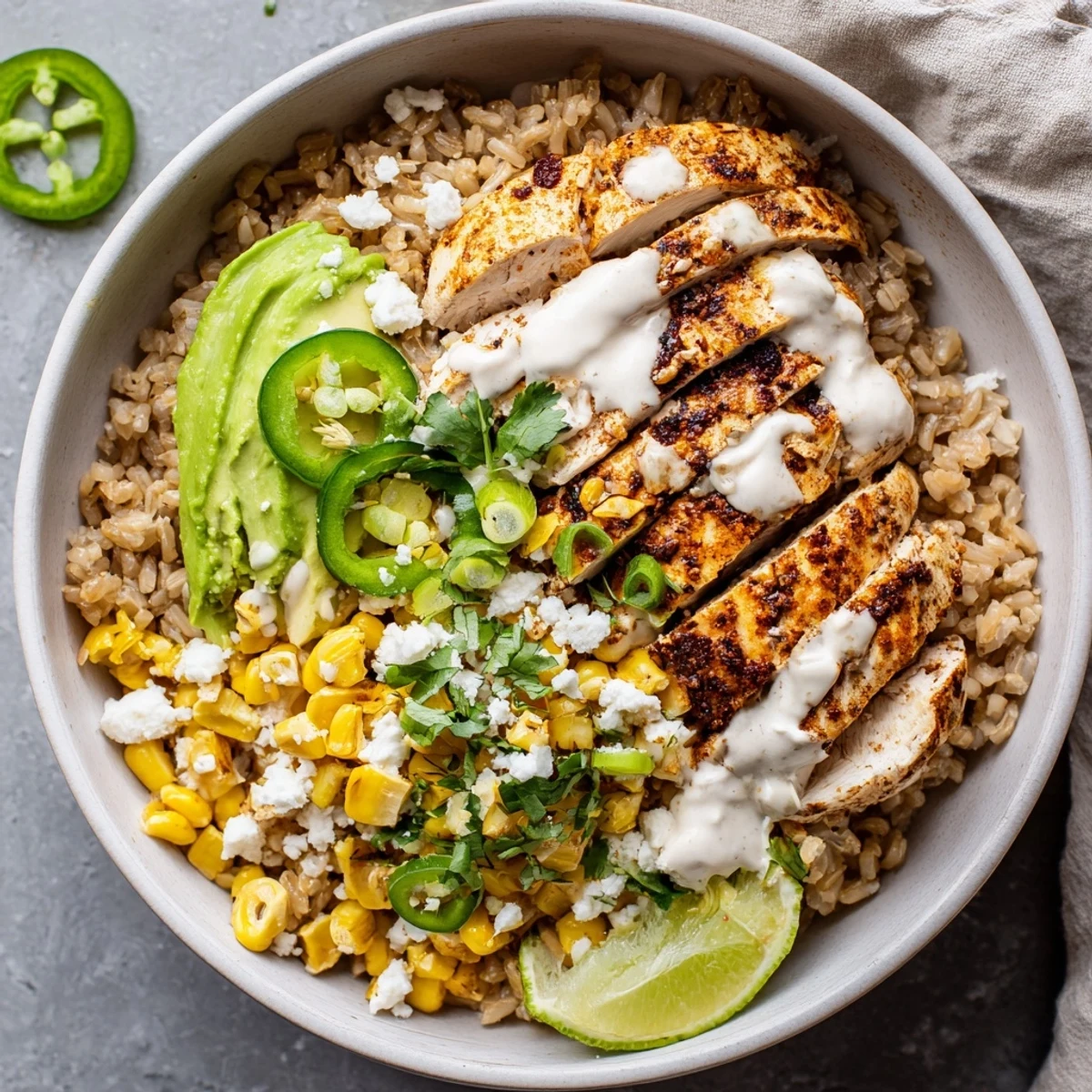 A close-up of the Street Corn Chicken Bowl shows creamy crema drizzle, crumbled cotija cheese, and jalapeño slices for heat. 