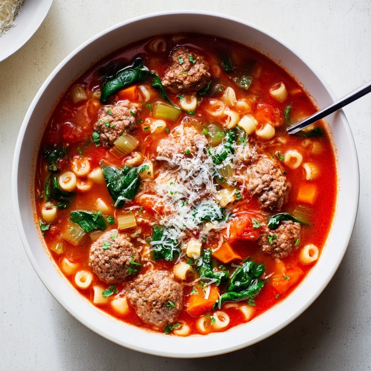 A bowl of creamy Italian meatball soup with tender beef meatballs and wilted spinach, perfect for cozy weeknight dinners.