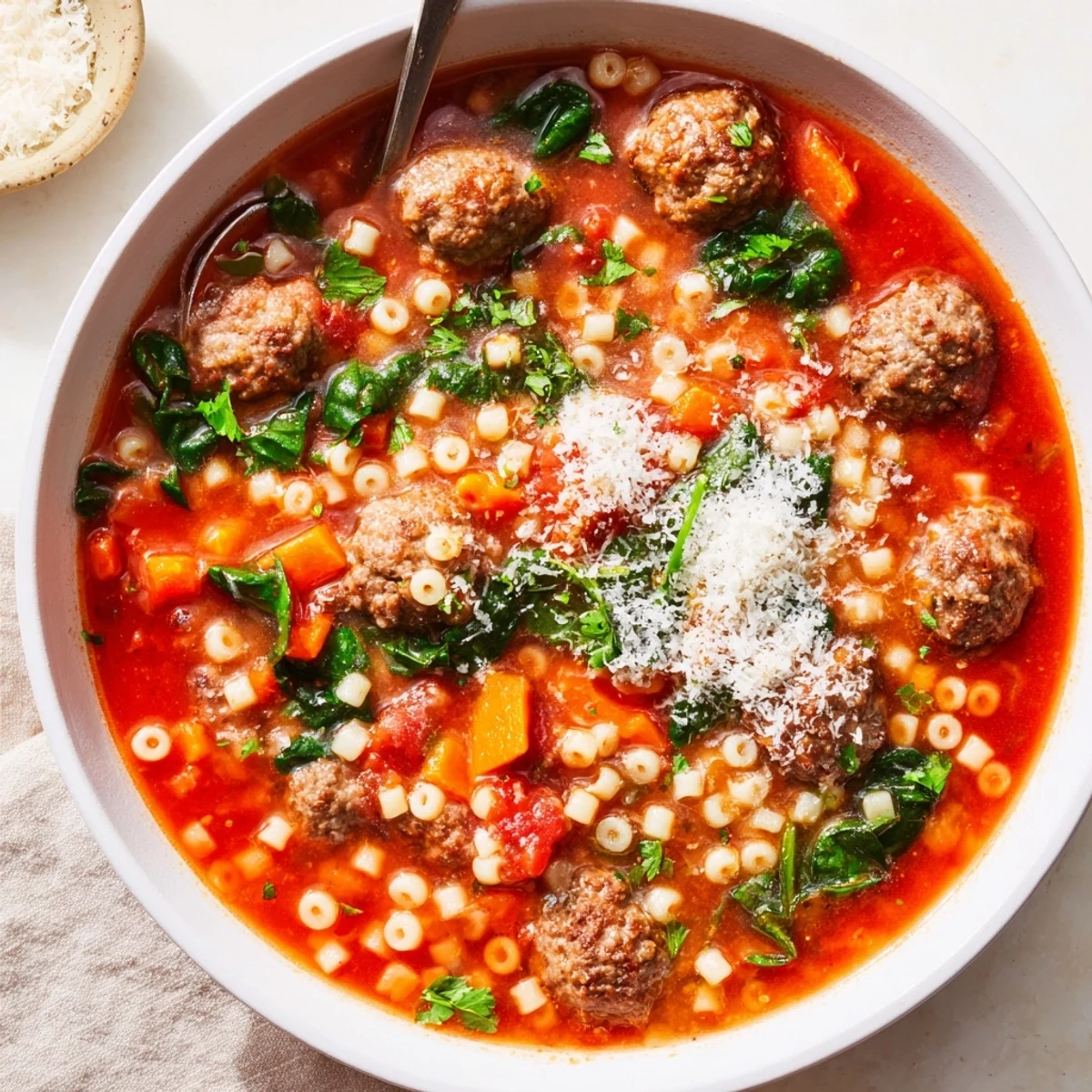 Creamy Italian meatball soup in a rustic pot, with al dente pasta, fresh basil, and crusty bread on the side.