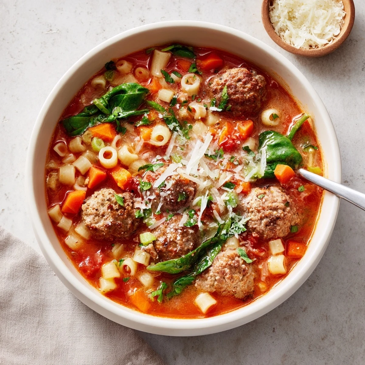 Hearty creamy Italian meatball soup with a rich tomato and cream broth, topped with melted Parmesan and fresh parsley.