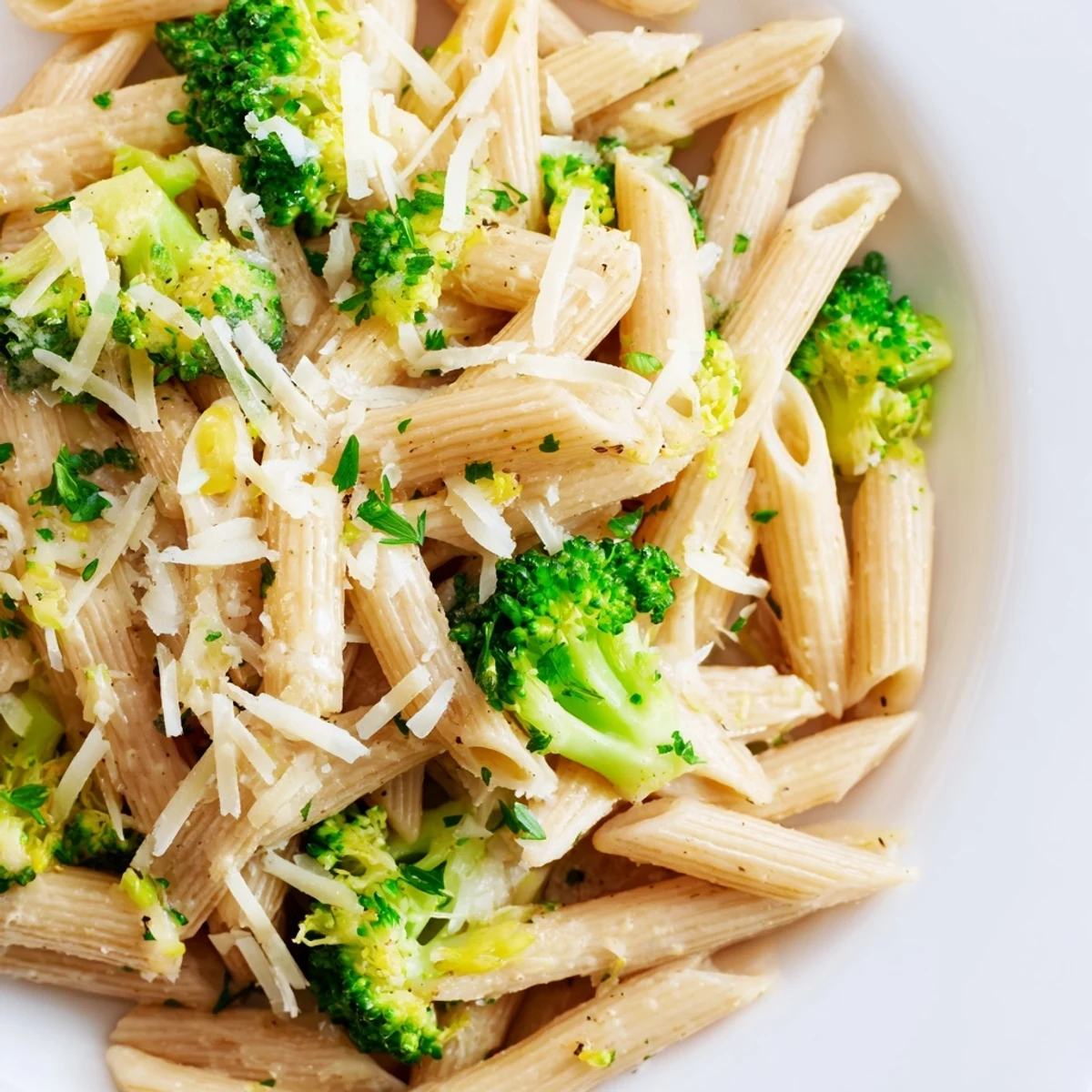 Easy Healthy Broccoli Pasta topped with Parmesan and fresh parsley on a white plate.