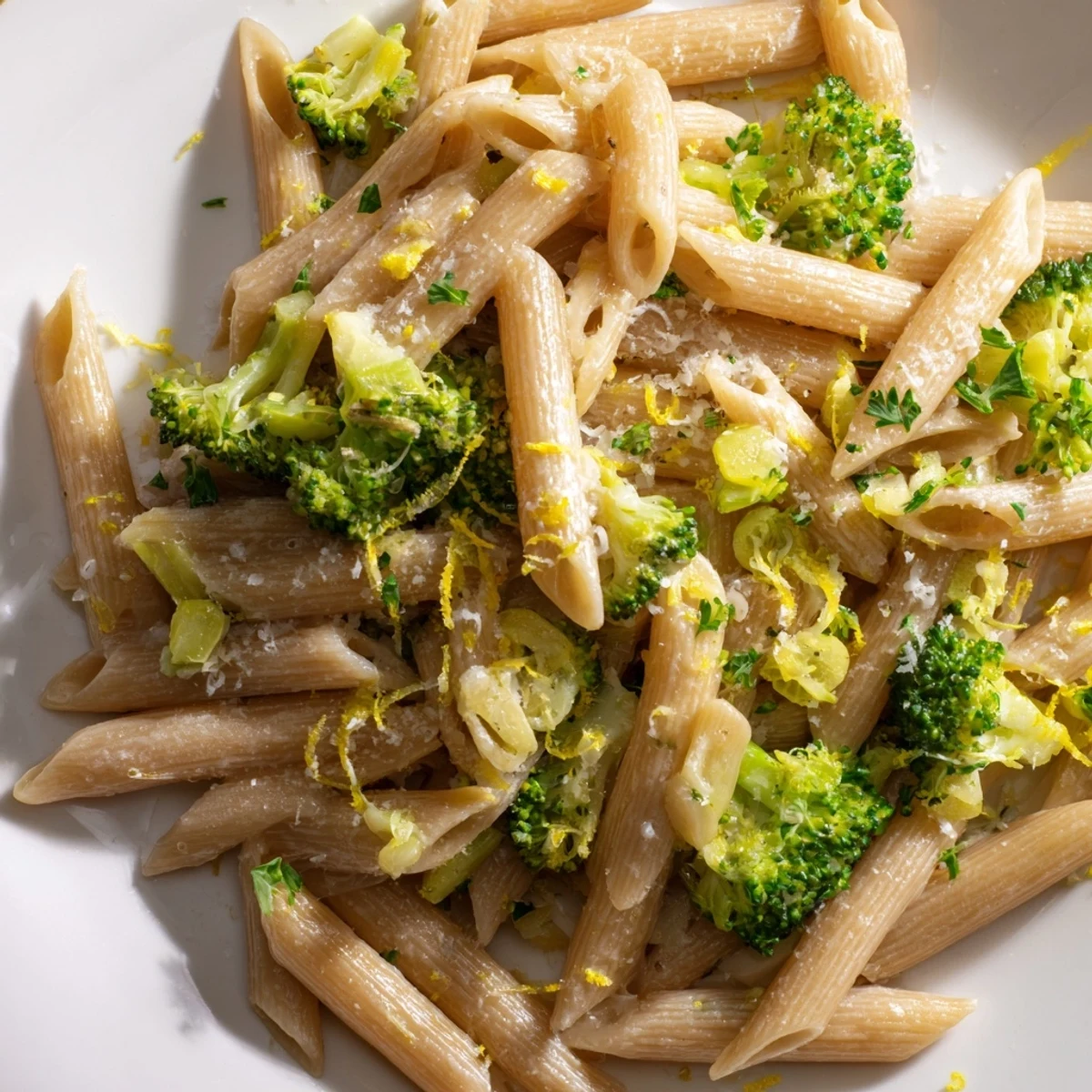 Steaming bowl of Easy Healthy Broccoli Pasta with lemon zest and garlic for a quick meal.