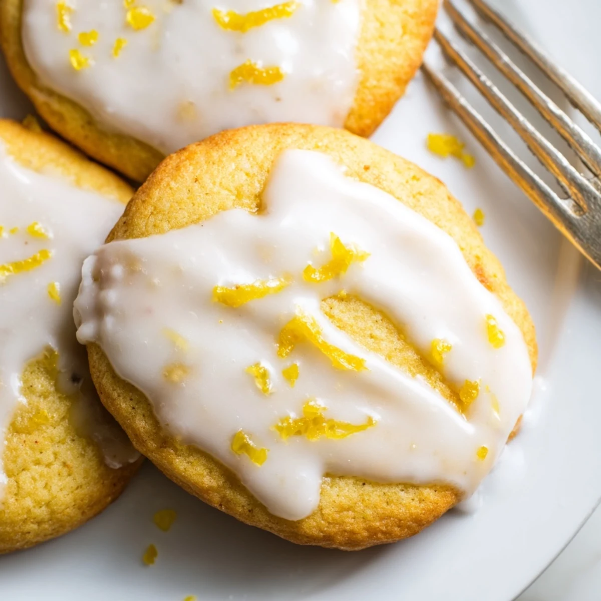 A close-up of glazed Limoncello cookies showcasing buttery texture and vibrant lemon zest garnish, ideal for summer dessert platters.