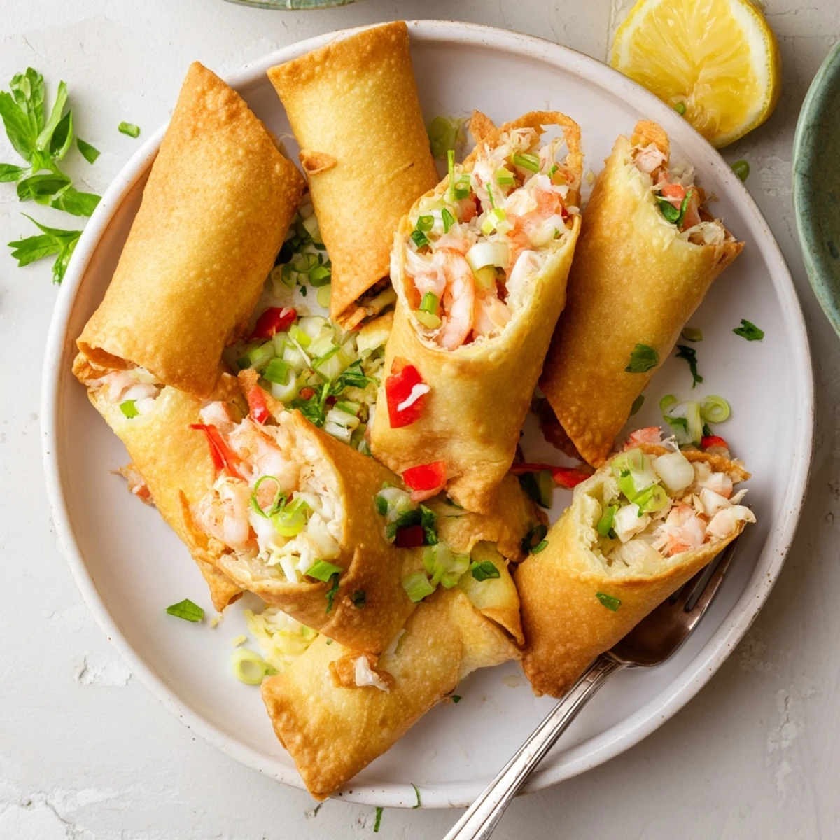 A close-up shows the crispy exterior and melted cheese filling of Cheesy Seafood Tortilla Bombs.
