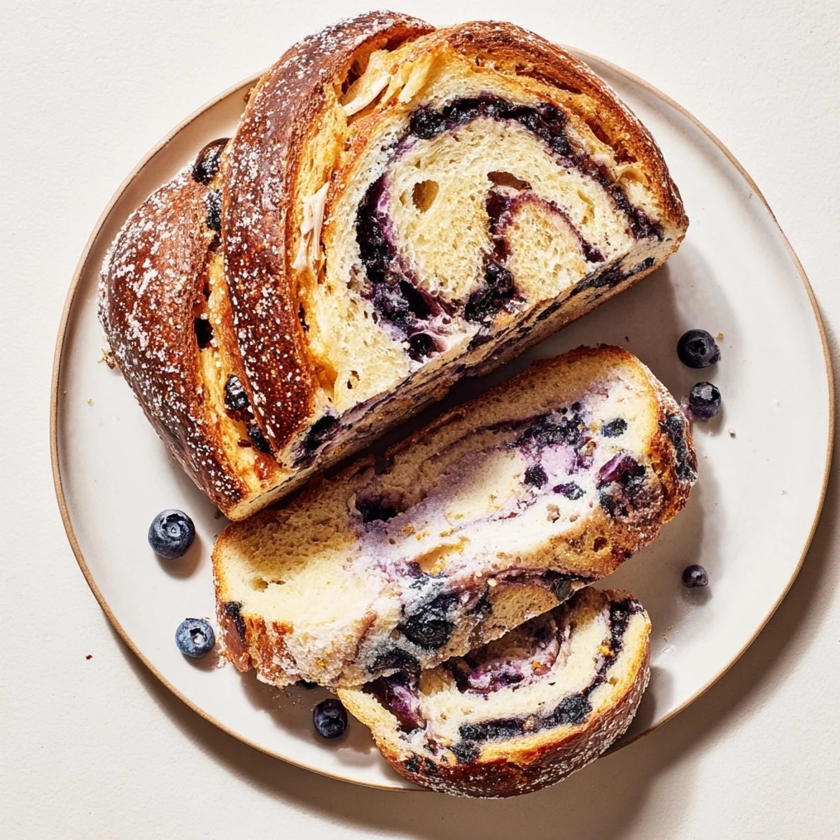 A close-up of warm Blueberry Lemon Cream Cheese Sourdough showing a golden crust with lemon zest and coarse sugar topping.