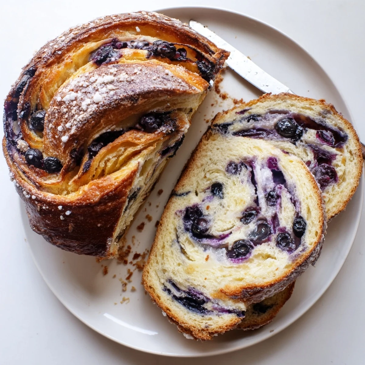 Freshly baked Blueberry Lemon Cream Cheese Sourdough loaf sliced to reveal blueberry swirls and creamy filling on a rustic wooden board.