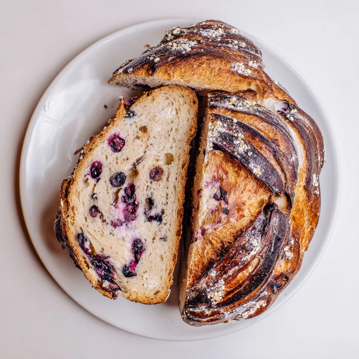 Cooling on a wire rack, Blueberry Lemon Cream Cheese Sourdough loaf reveals vibrant blueberry pockets and smooth cream cheese swirls.