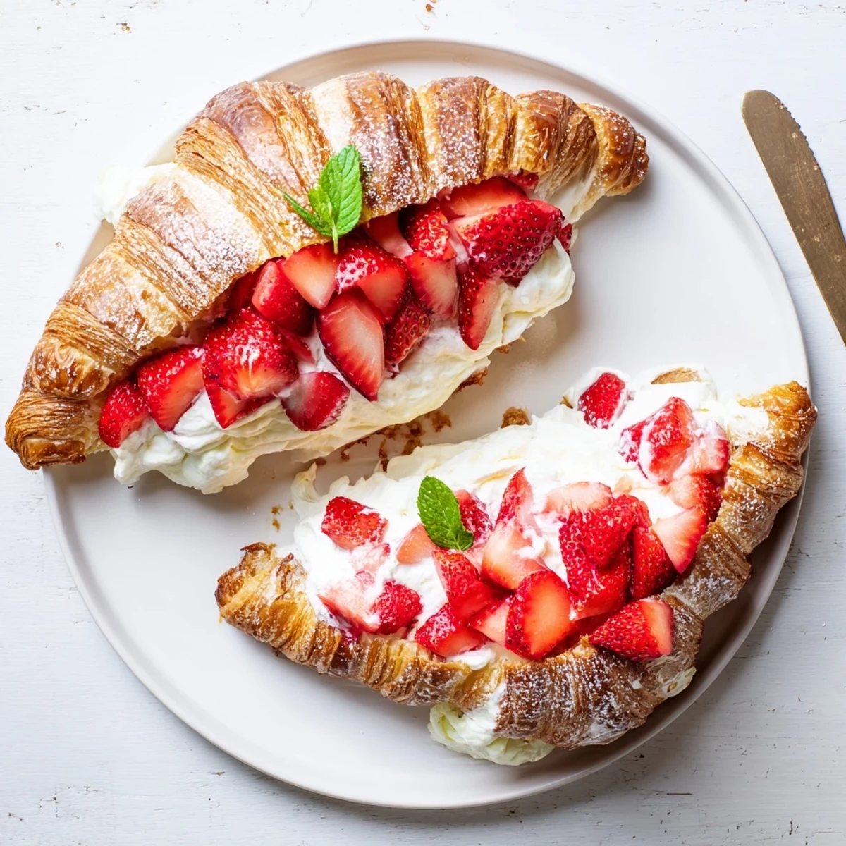 Freshly sliced Strawberry Cream Croissant with fluffy vanilla cream and ripe red berries dusted with powdered sugar.