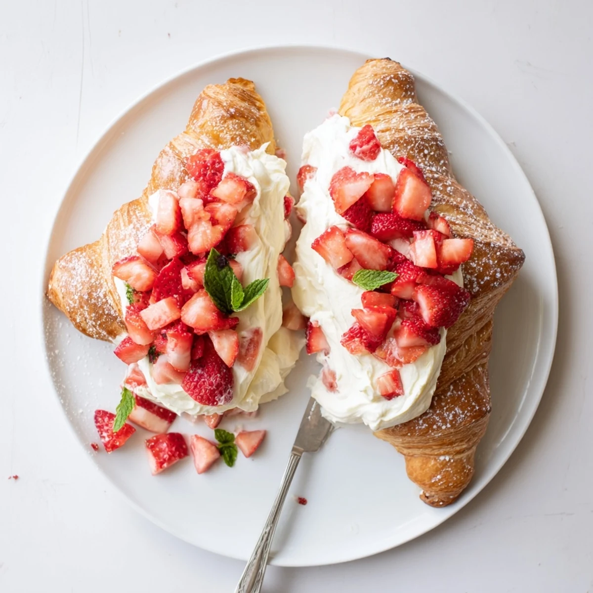 A close-up of a Strawberry Cream Croissant showing golden flaky layers and juicy strawberries on a breakfast plate.