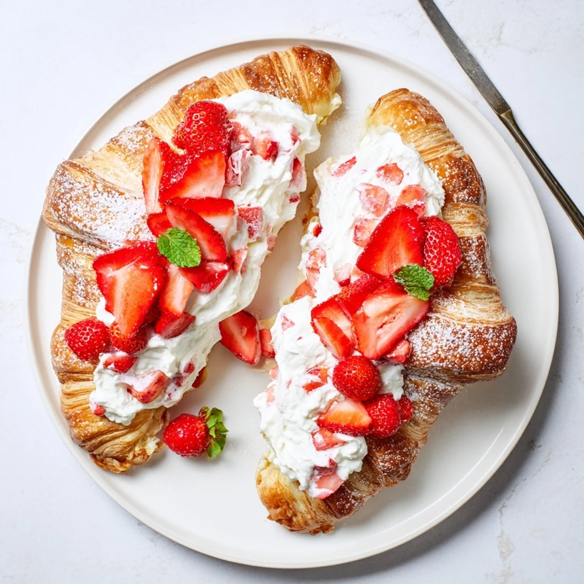 Stuffed Strawberry Cream Croissant topped with sliced berries and mint, ready to serve as a sweet dessert treat.