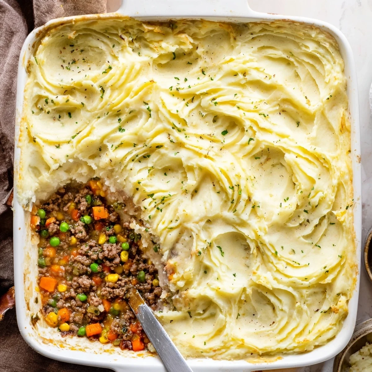 Golden-brown baked Shepherds Pie with Creamy Garlic Mashed Potatoes, served hot in a white dish.