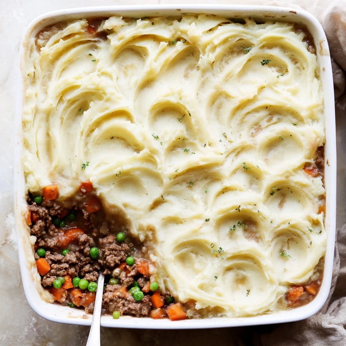 Close-up of Shepherds Pie with Creamy Garlic Mashed Potatoes topped with melted butter and chopped chives.