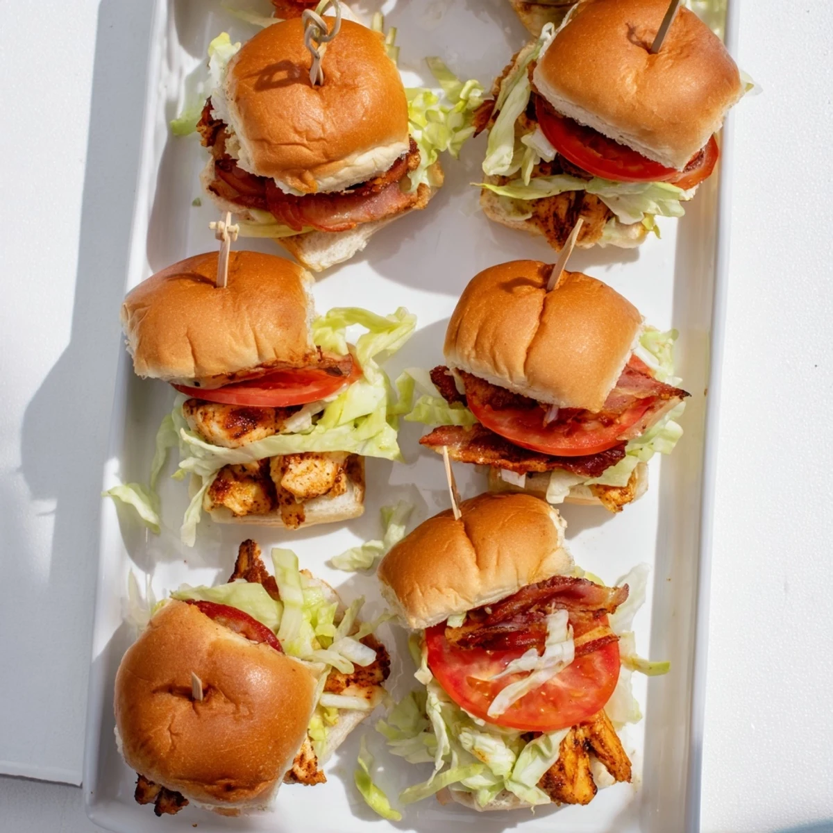 Freshly toasted slider buns cradle juicy baked chicken, crisp bacon, lettuce, ripe tomato, and honey mustard sauce.