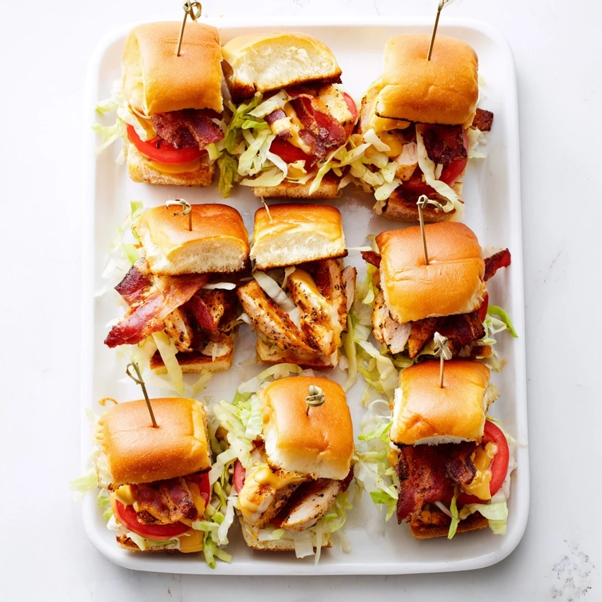Golden, juicy chicken sliders topped with bacon, lettuce, tomato, and tangy honey mustard, served on soft buns.