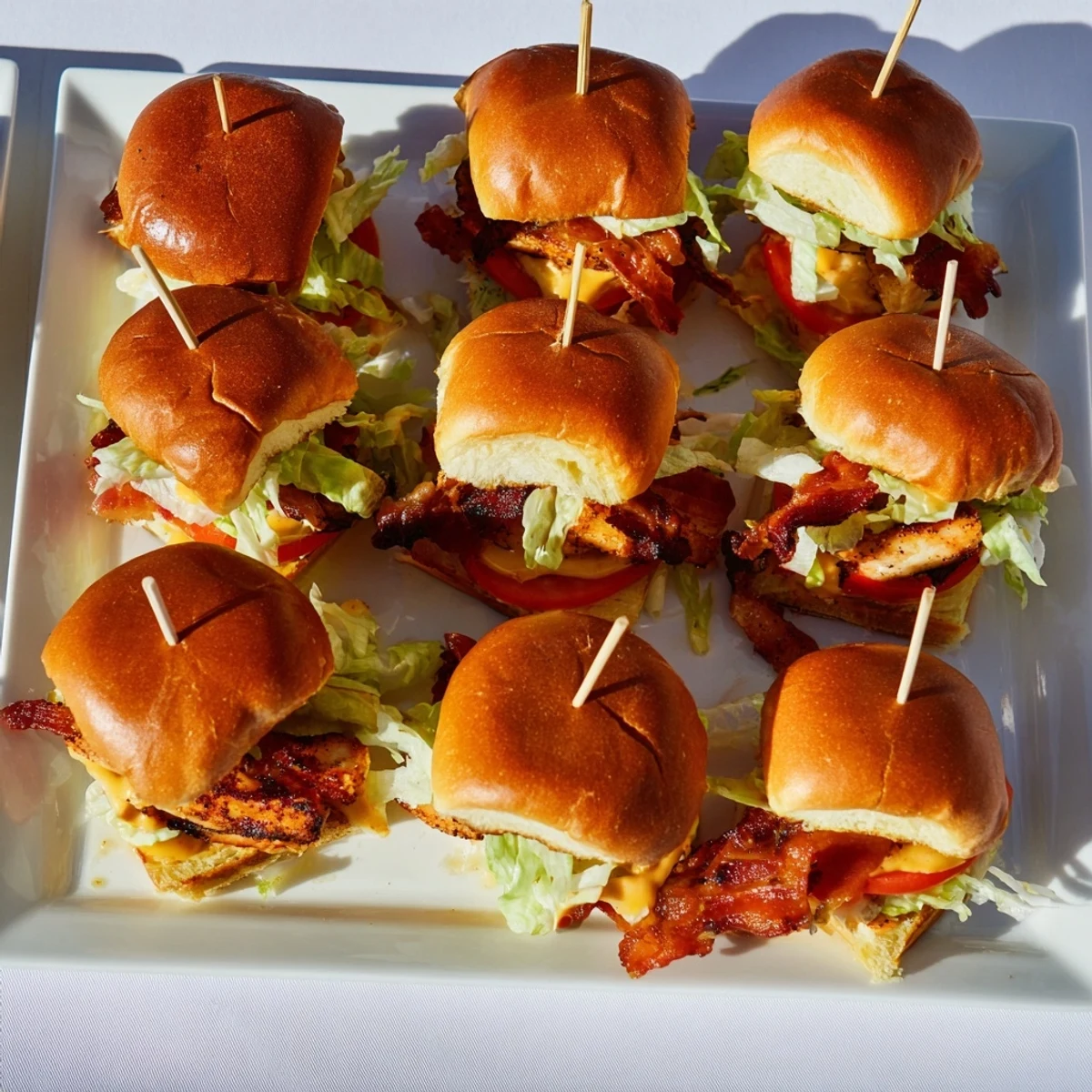 Mouthwatering Honey Mustard BLT Chicken Sliders stacked with crunchy bacon, fresh veggies, and creamy sauce for game day.