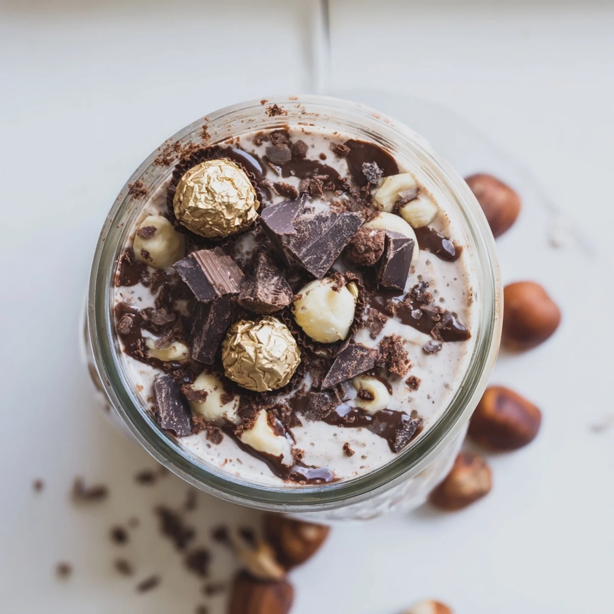 Creamy Ferrero Rocher Protein Overnight Oats topped with chopped hazelnuts and dark chocolate squares in a jar.