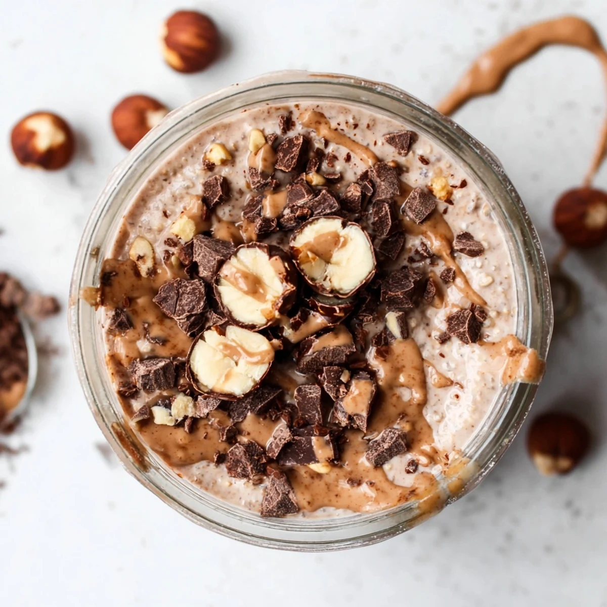 Close-up of Ferrero Rocher Protein Overnight Oats, featuring chocolatey oats and a halved chocolate garnish on top.