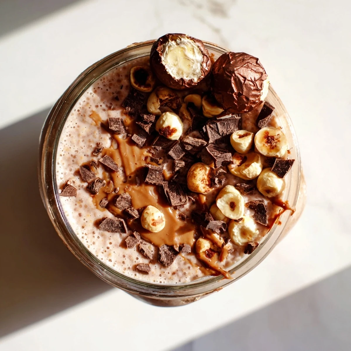 A jar of Ferrero Rocher Protein Overnight Oats with a drizzle of hazelnut butter for a decadent breakfast.