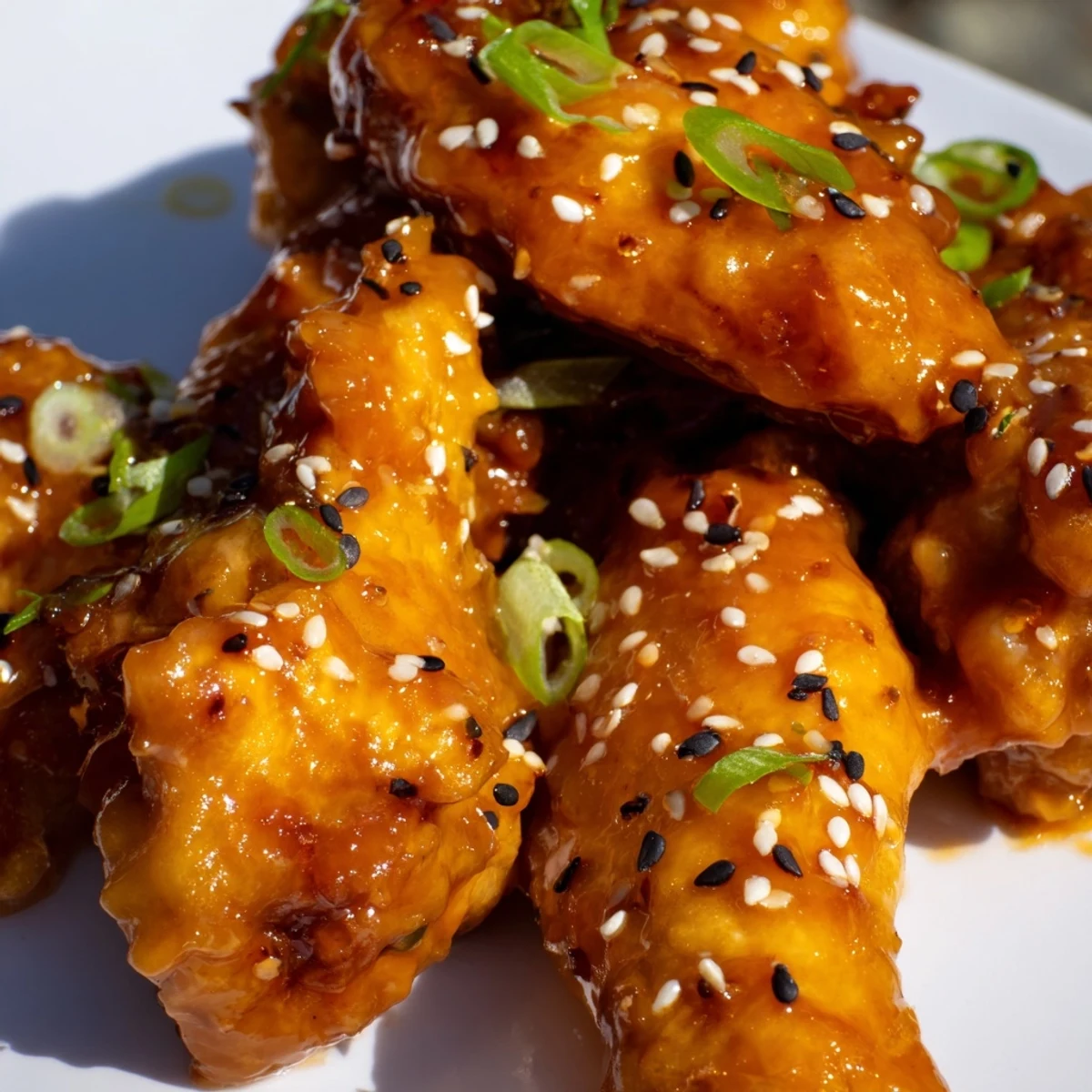 Close-up of Sticky Orange Chicken Wings with sticky glaze and steamed rice on the side.