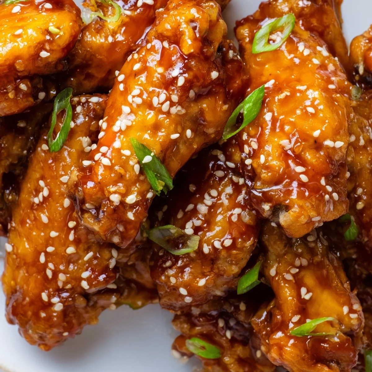 Sticky Orange Chicken Wings arranged on a platter garnished with sesame seeds and green onions.