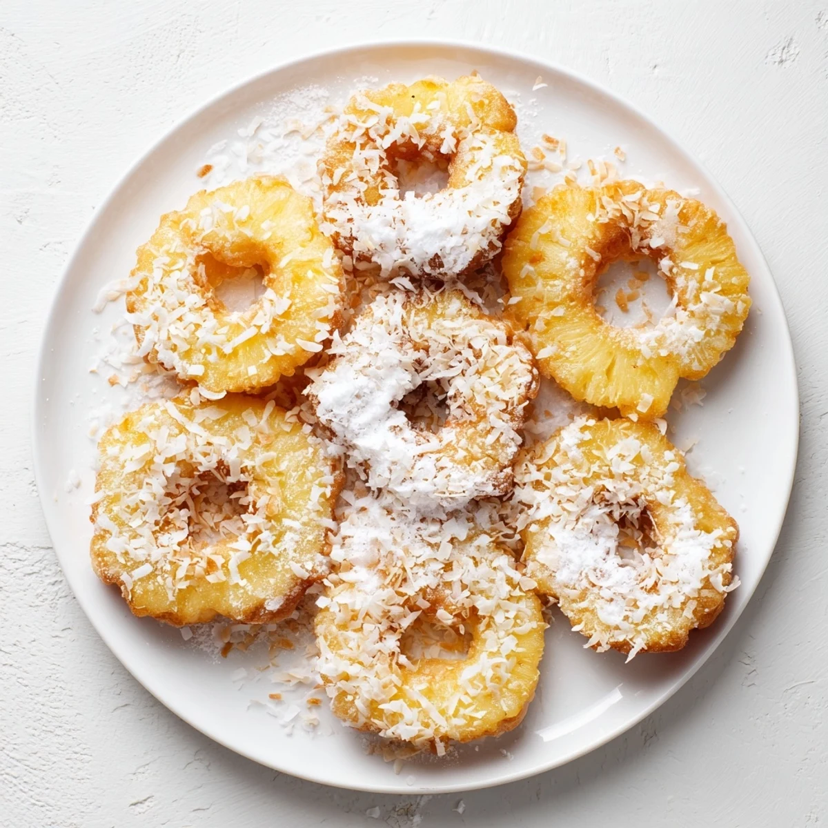 Golden, crispy Heavenly Pineapple Fritters That Bring Tropical Joy topped with powdered sugar and toasted coconut, served warm.