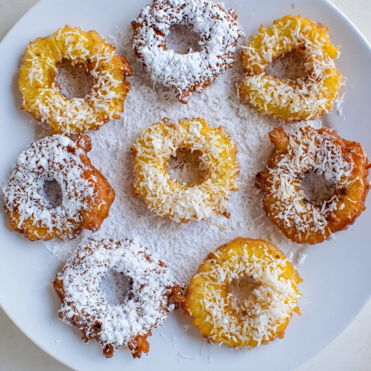 A close-up of Heavenly Pineapple Fritters That Bring Tropical Joy dusted with sugar, beside a scoop of vanilla ice cream.