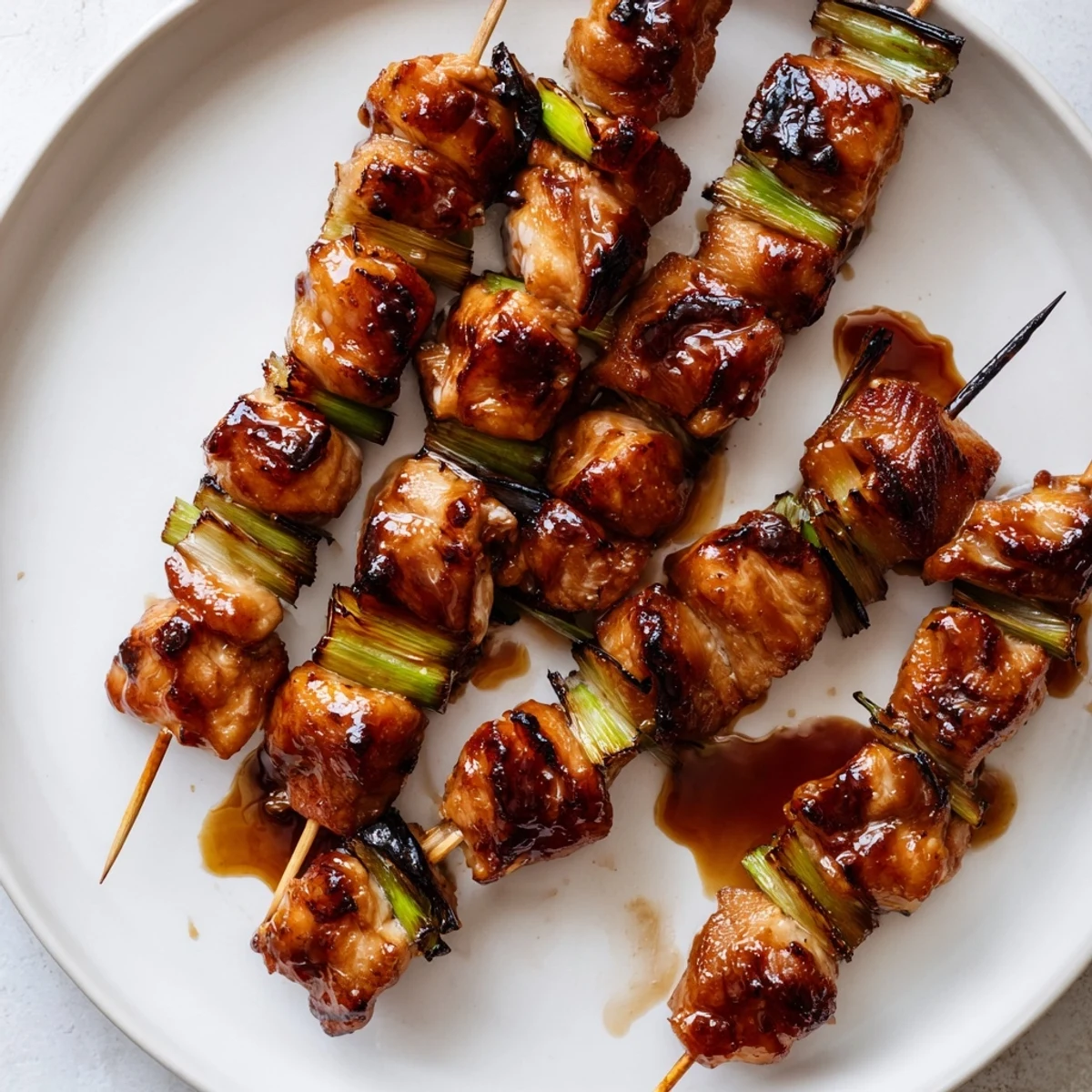 Golden-brown Japanese Chicken Yakitori skewers glistening with tare sauce, charred lightly on the grill and served with fresh scallions.