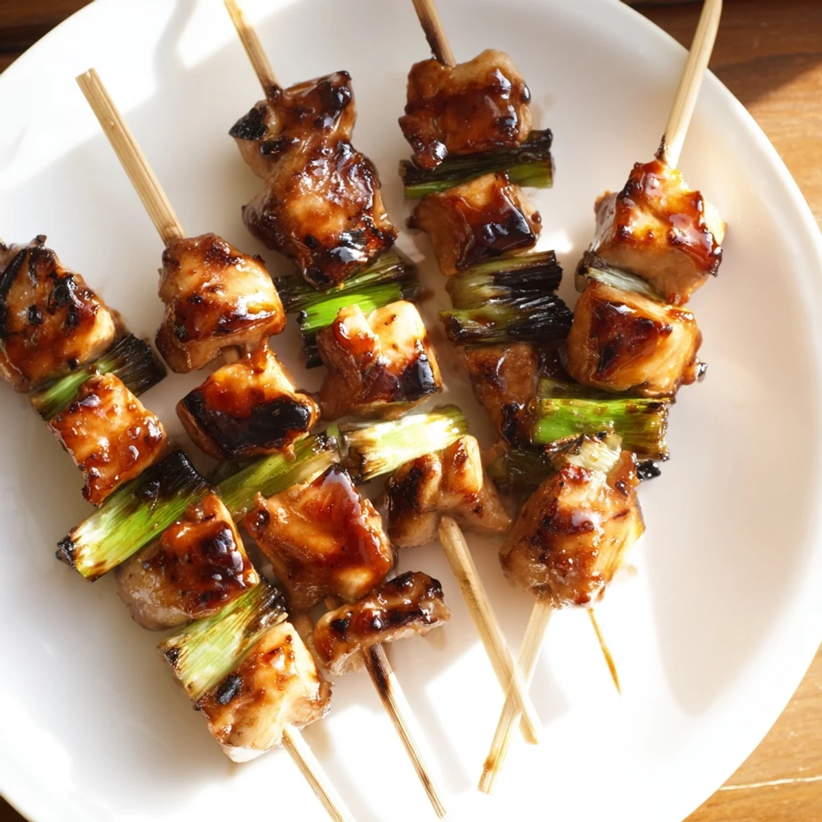 Juicy chicken thighs and scallions grilled for Japanese Chicken Yakitori, brushed with glossy sweet-savory sauce and aromatic steam rising.