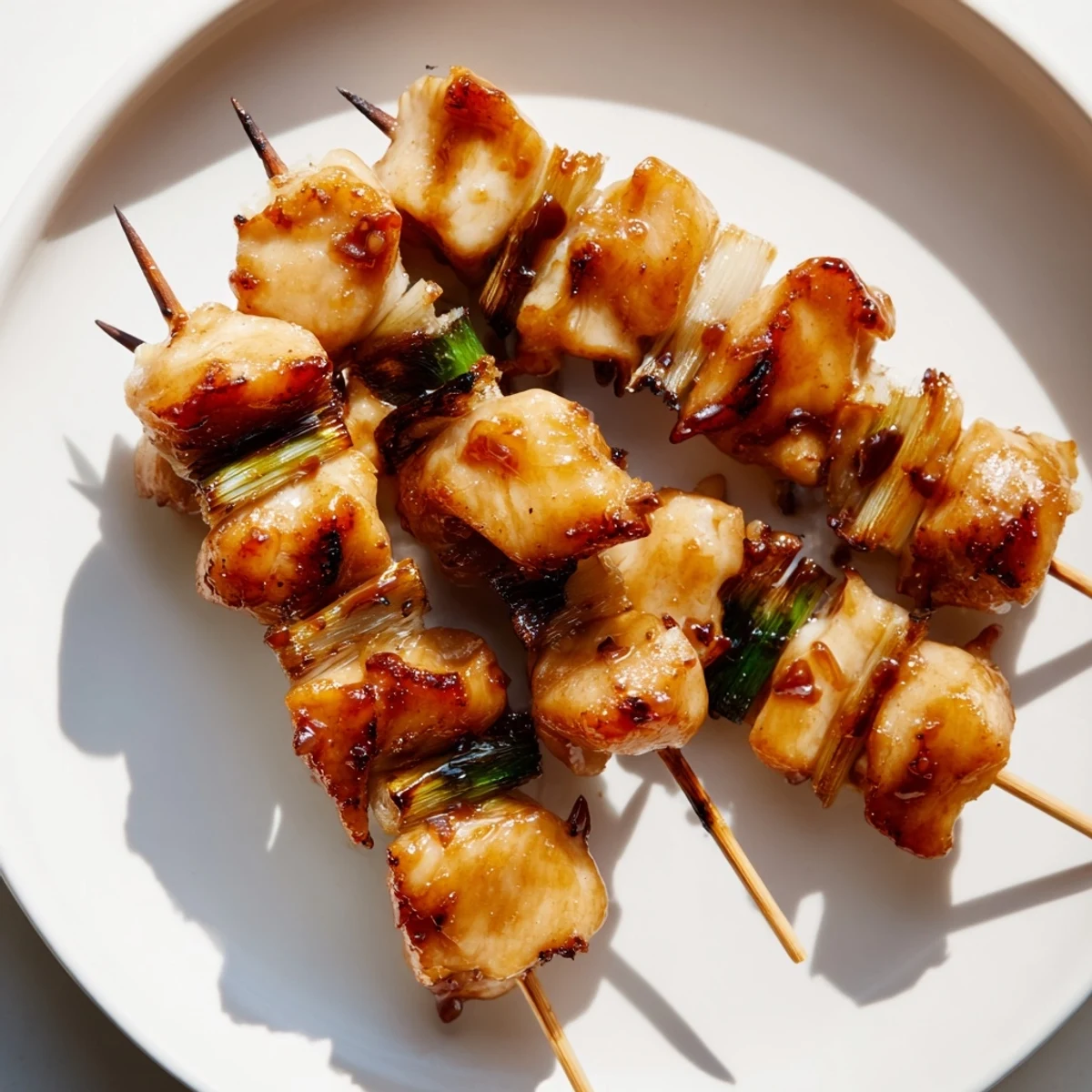 Plated Japanese Chicken Yakitori with bamboo skewers, drizzled in extra tare sauce alongside a cold drink for serving.