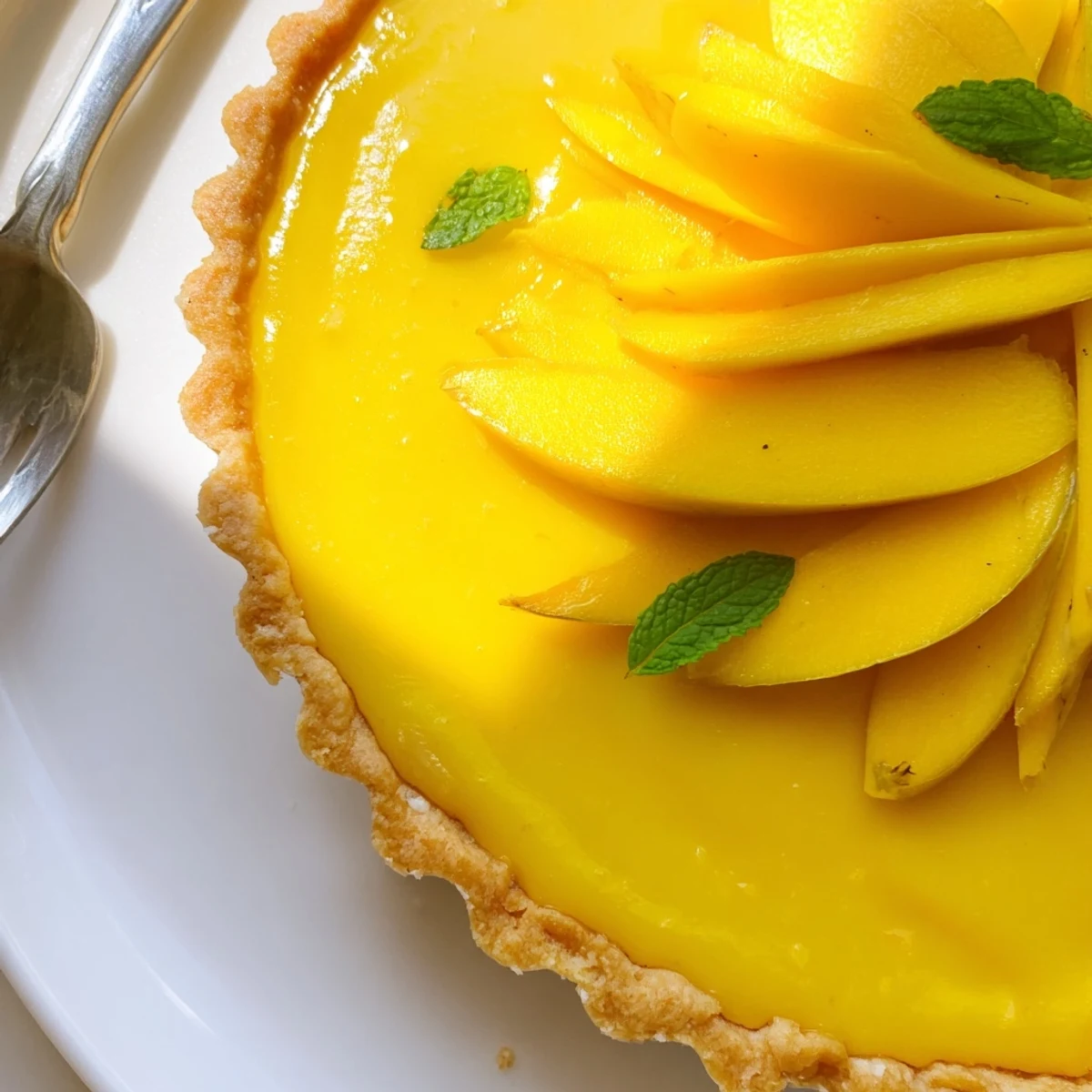 Golden slices of fresh mango garnish a smooth mango curd tart with a crisp buttery crust on a rustic table.