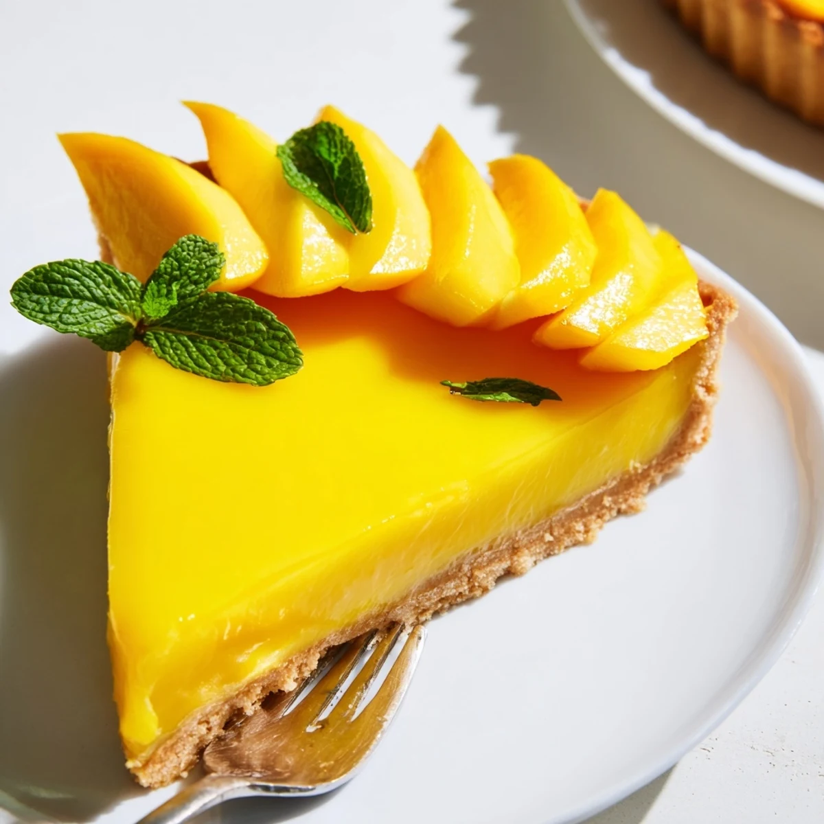 A slice of mango curd tart reveals silky yellow filling inside a flaky crust, served with mint on a plate.