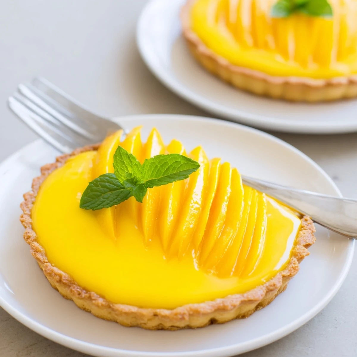 Overhead view of a mango curd tart with glossy curd, fresh mango pieces, and edible flowers for a summer dessert.
