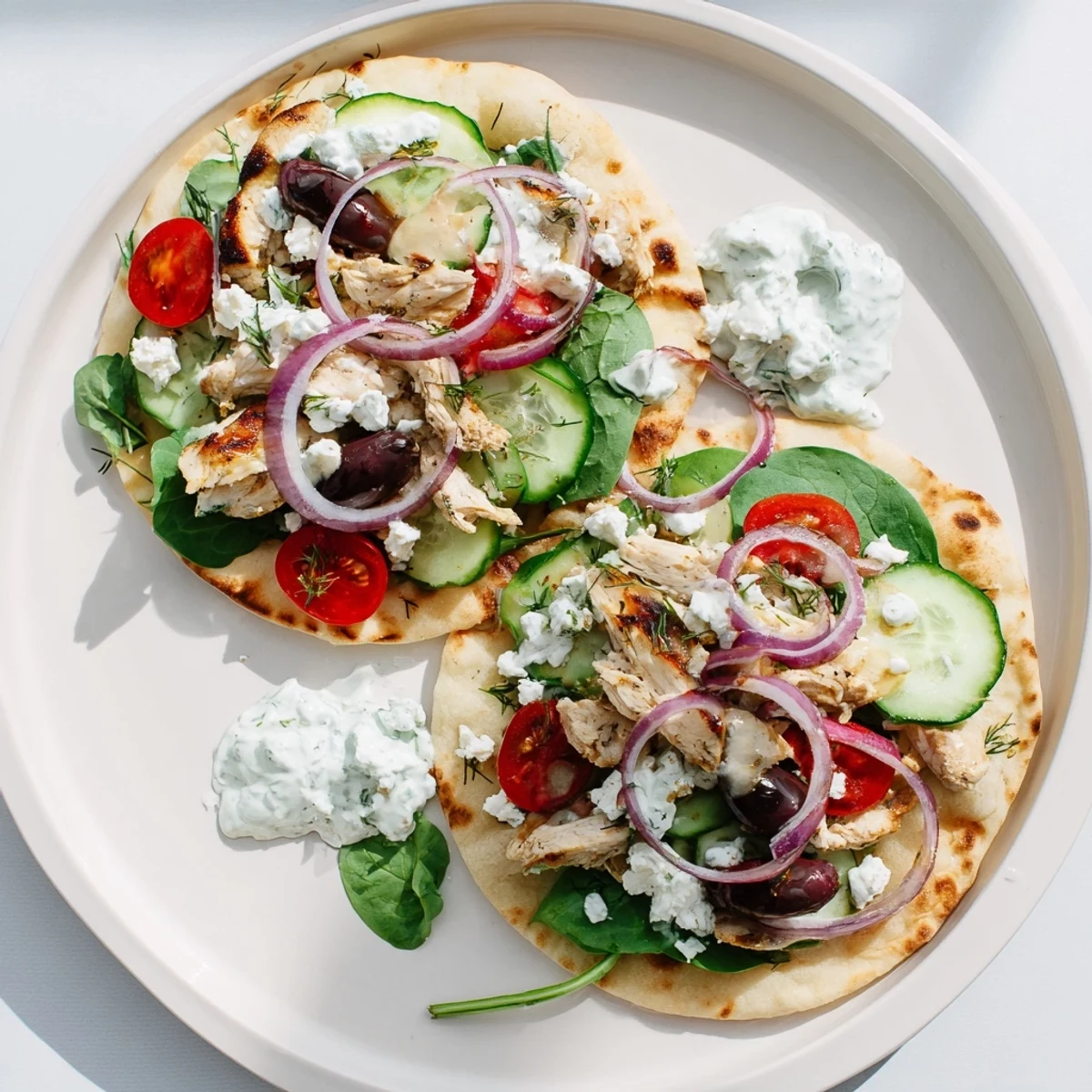Golden-baked Greek Chicken Flatbread layered with marinated chicken, cherry tomatoes, cucumber, and creamy tzatziki sauce on a rustic wooden board.