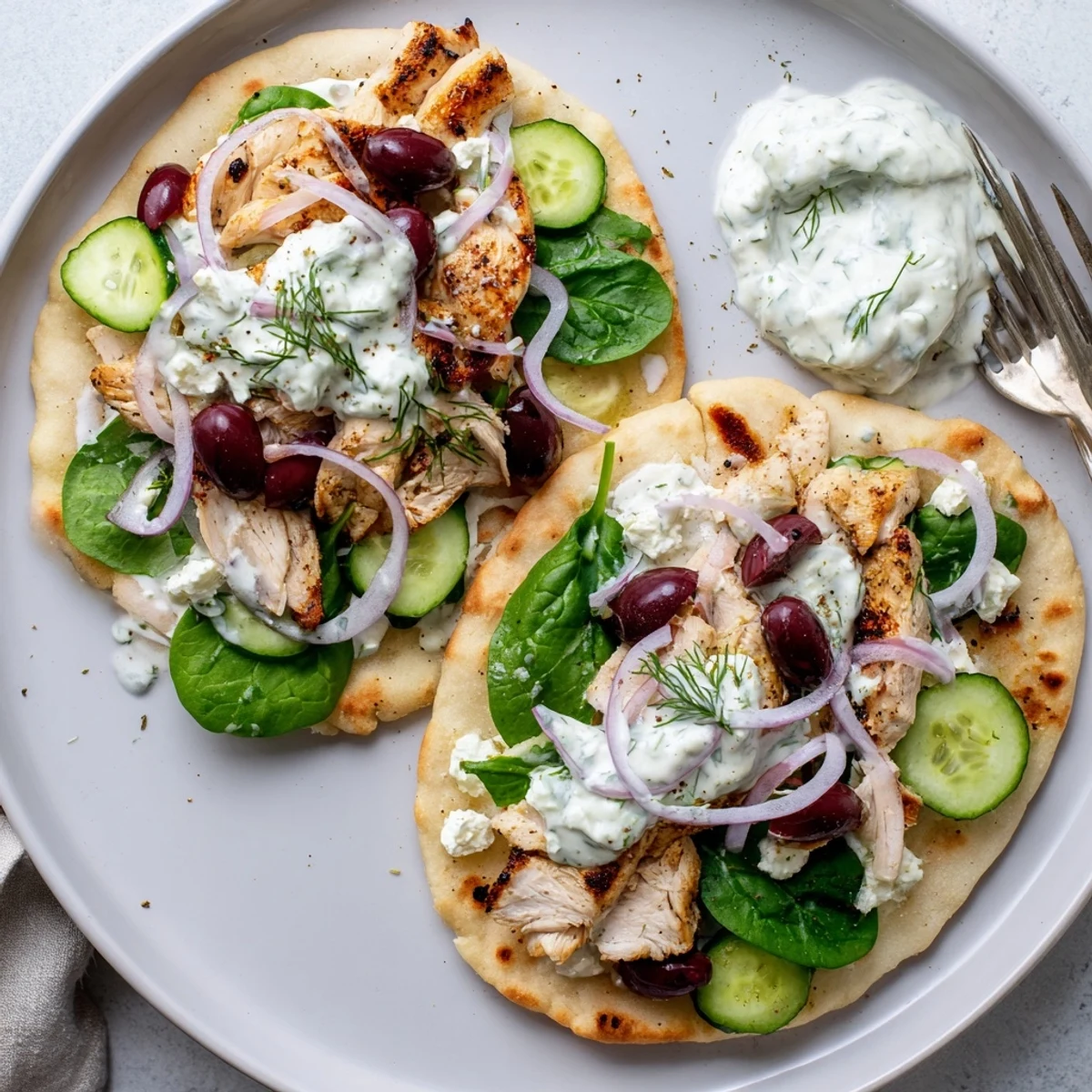 Appetizing Greek Chicken Flatbread garnished with dill and lemon, featuring juicy grilled chicken and vibrant veggies on a ceramic plate.