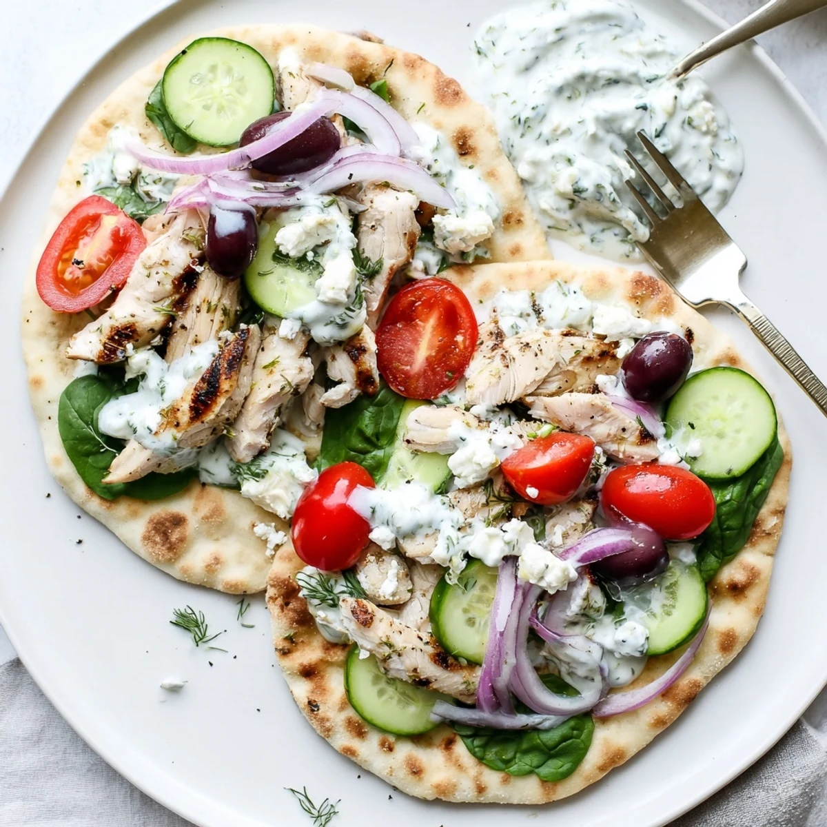 Close-up of Greek Chicken Flatbread topped with feta, Kalamata olives, and fresh greens, served warm for a Mediterranean-inspired lunch.
