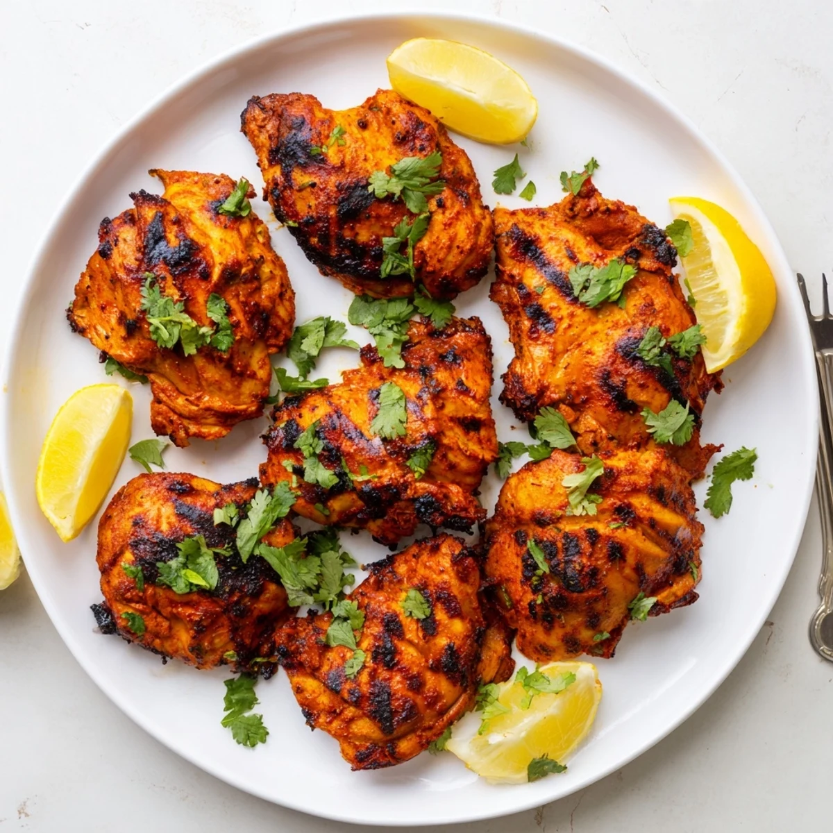 Golden-brown Grilled Tandoori Chicken thighs sit on a platter, garnished with fresh cilantro and lemon wedges, radiating smoky char.