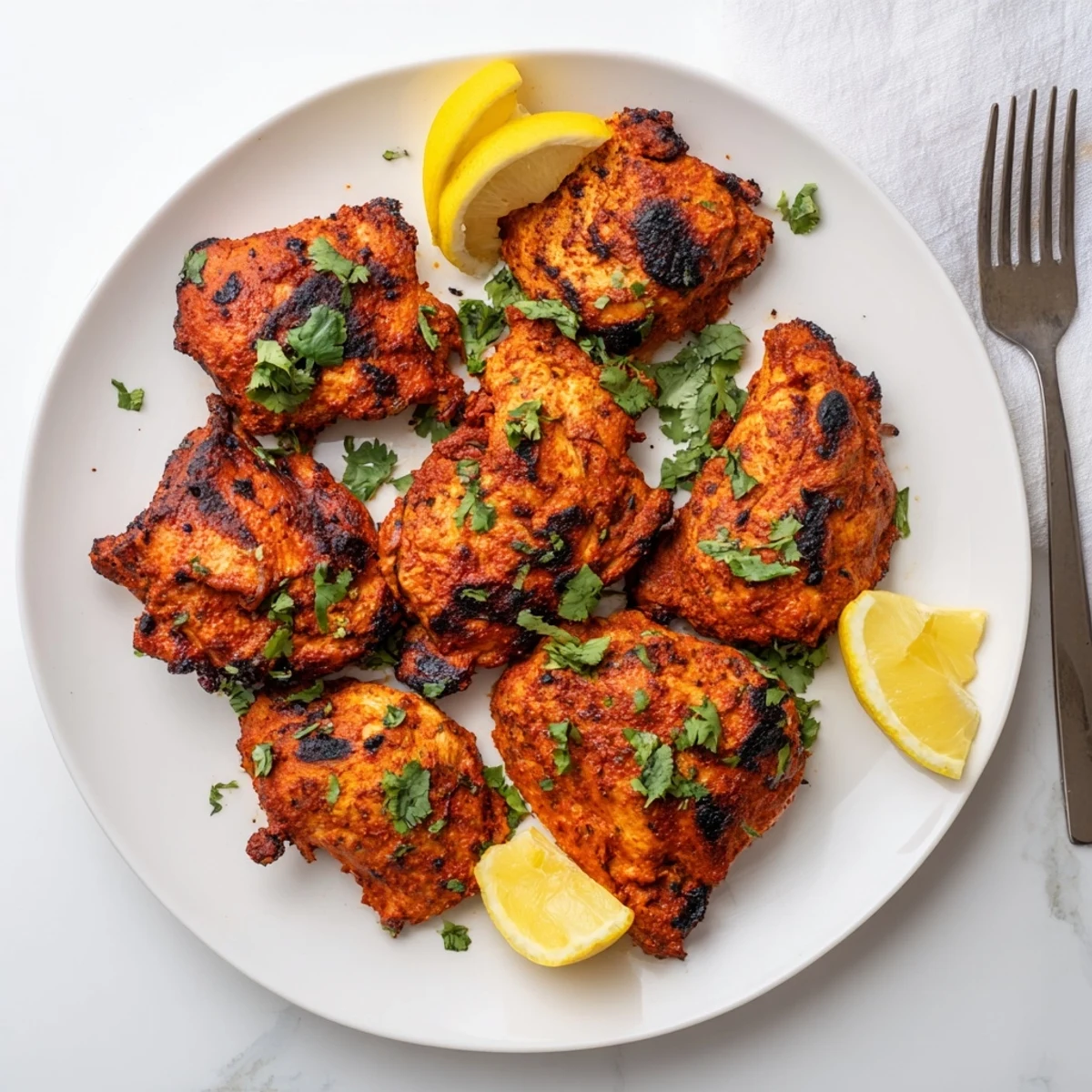 Juicy Grilled Tandoori Chicken pieces display a vibrant red hue and smoky grill marks, served hot on a rustic plate.