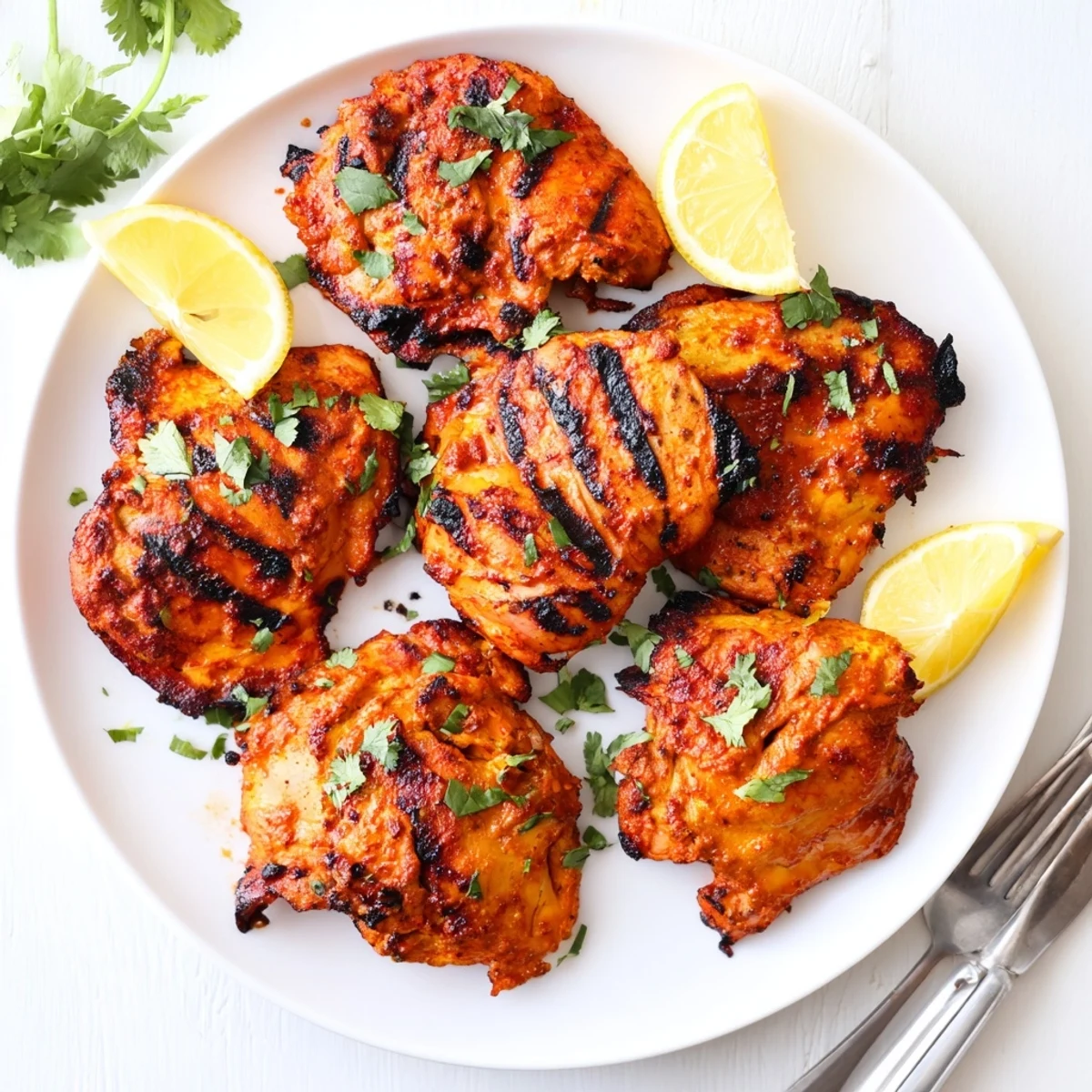 Close-up of Grilled Tandoori Chicken showcasing tender meat with aromatic spices, fresh cilantro, and a side of naan bread.
