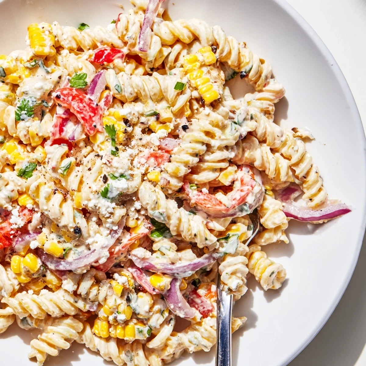 Bright, charred corn and creamy cotija cheese highlight this Juicy Street Corn Pasta Salad served in a rustic bowl.