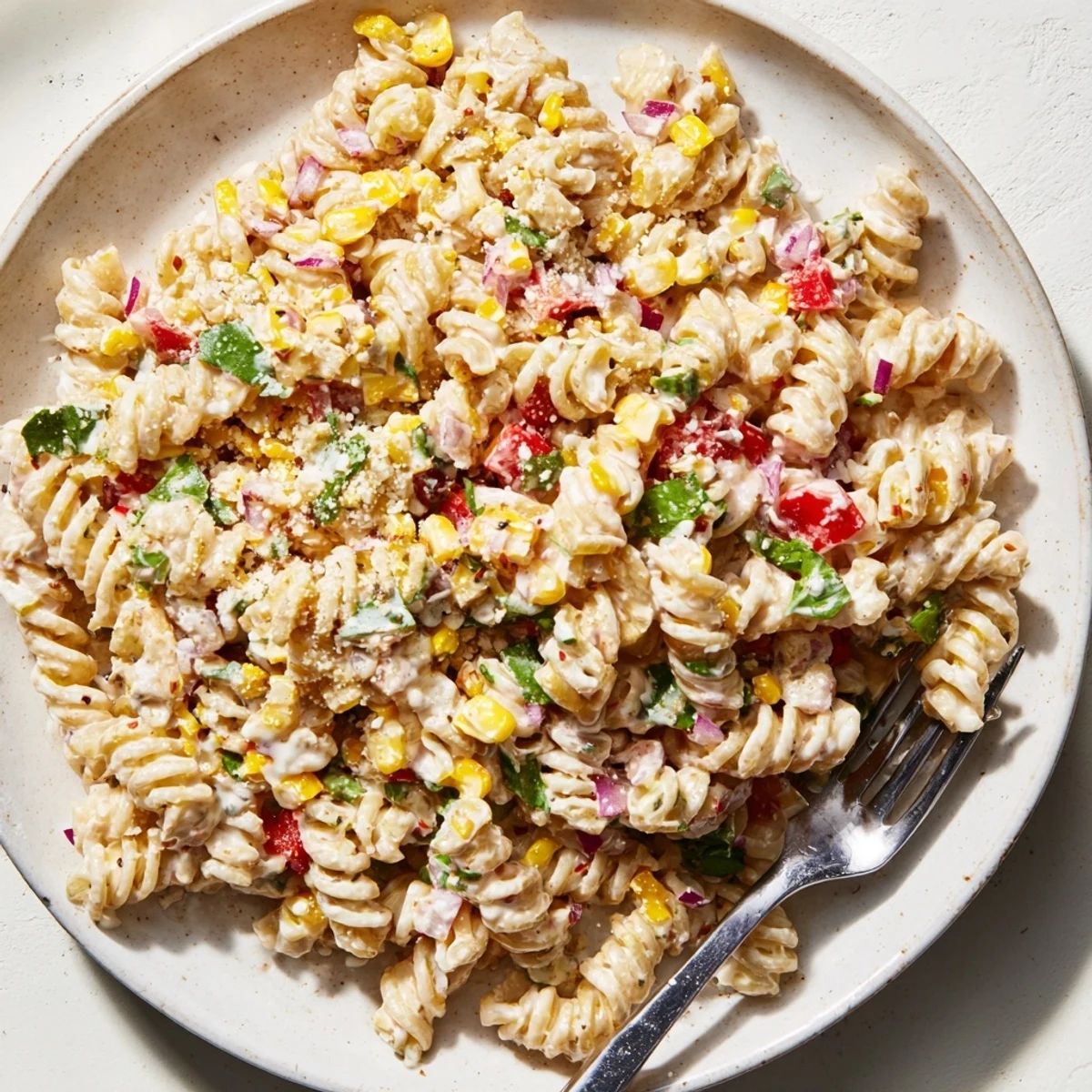 Colorful Juicy Street Corn Pasta Salad features rotini, red onion, jalapeño, lime wedges, and fresh cilantro garnish.