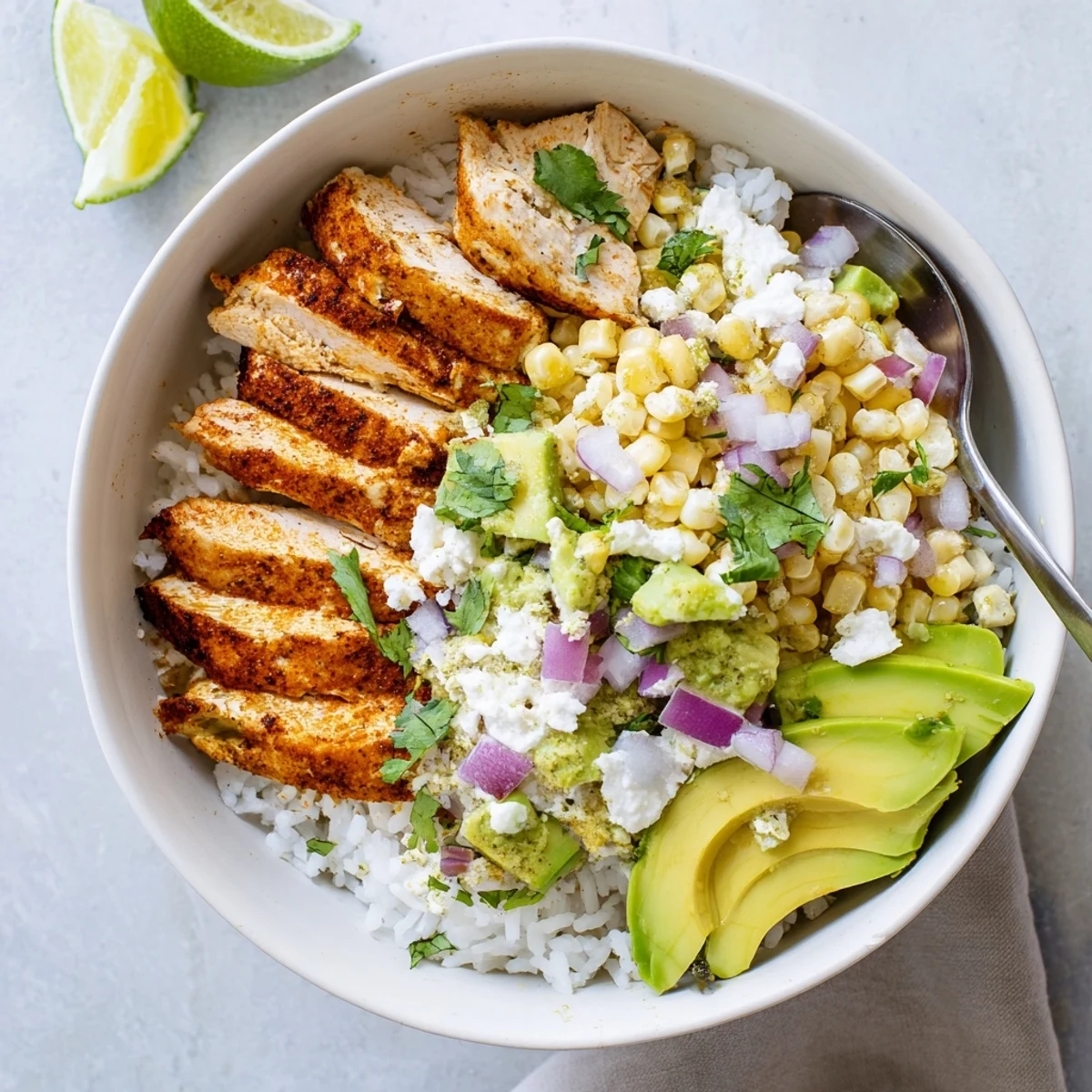 Colorful Street Corn Chicken Rice Bowl features juicy chicken, creamy avocado, cotija cheese, and zesty lime.