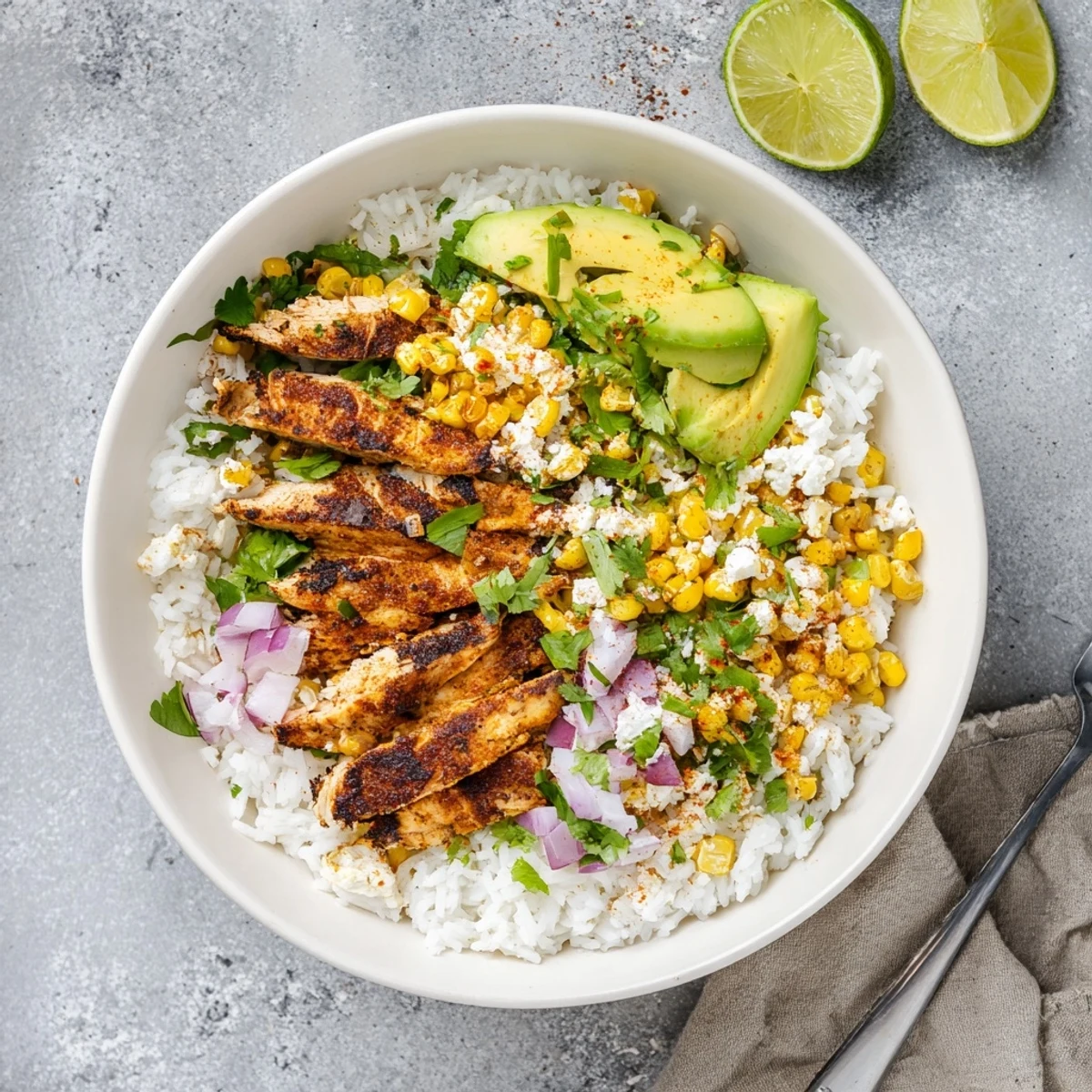 Freshly grilled chicken and charred street corn top fluffy rice in this vibrant Street Corn Chicken Rice Bowl.
