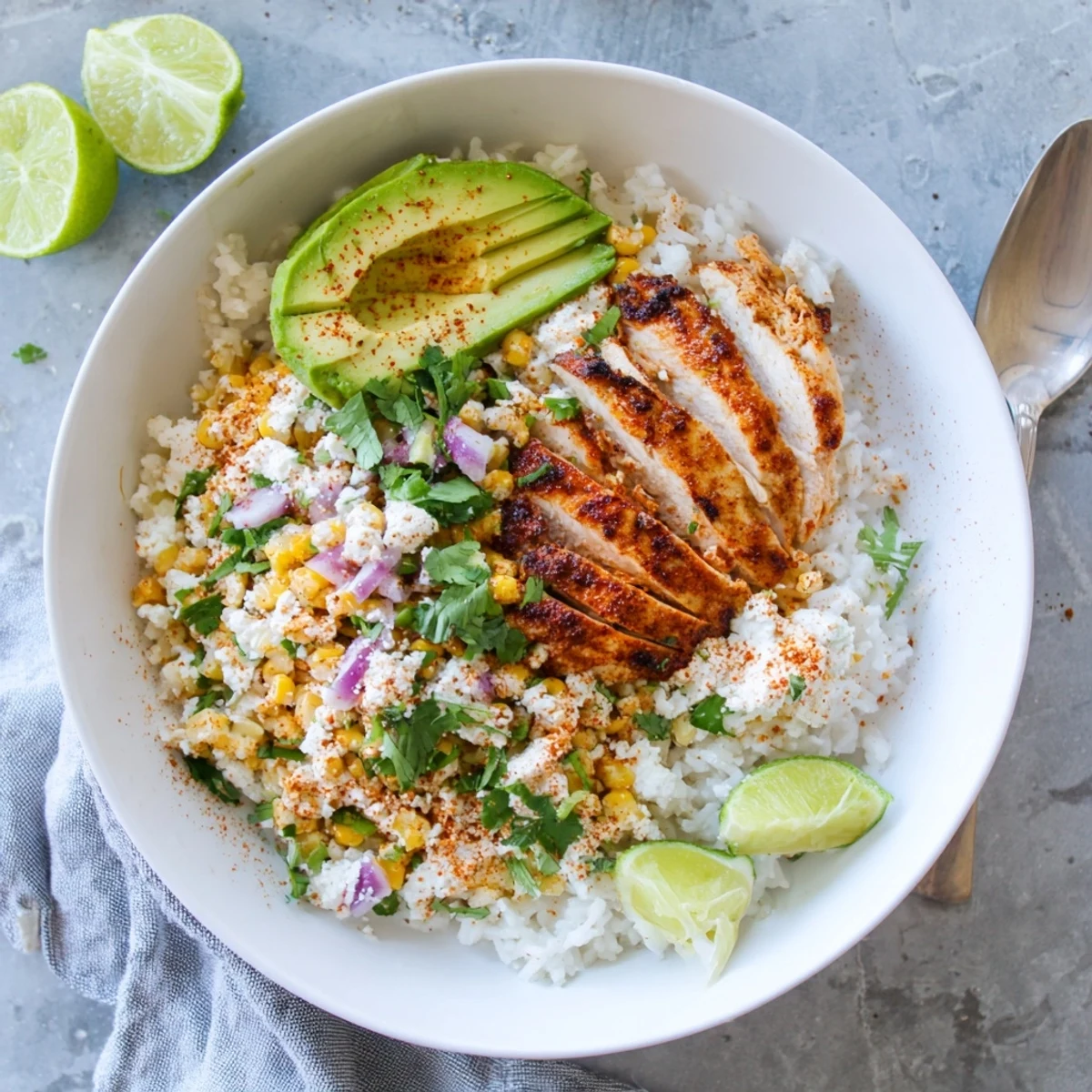 Hearty Street Corn Chicken Rice Bowl with smoky chicken, lime-spiked corn, and fresh cilantro garnish.