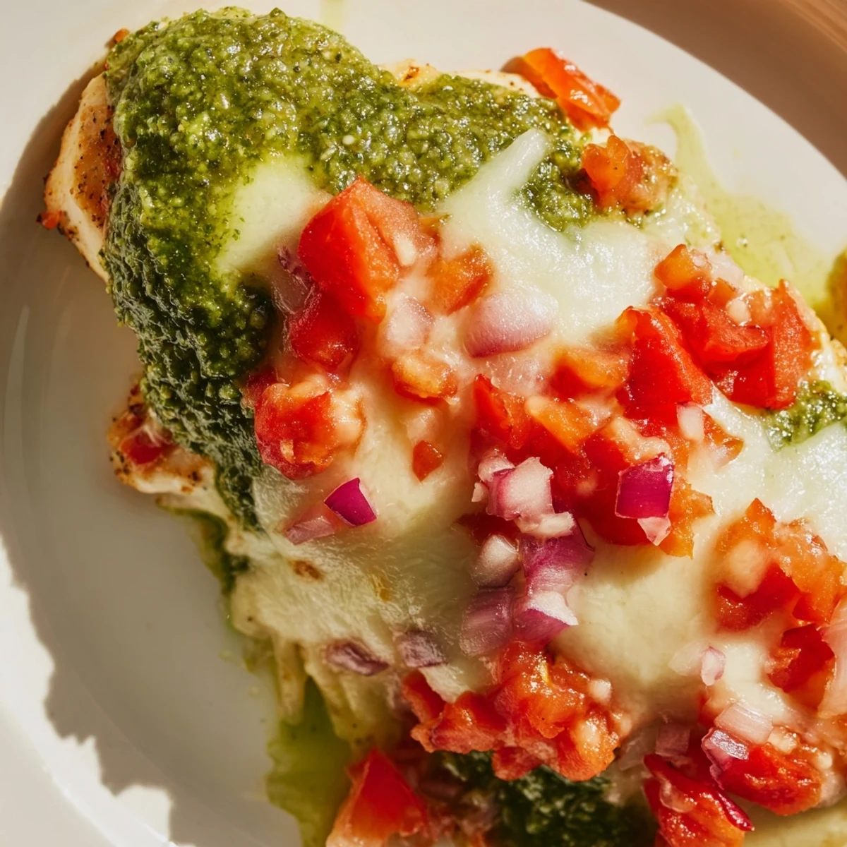 Juicy Pesto Bruschetta Chicken served hot from the oven with vibrant green pesto and diced tomatoes.