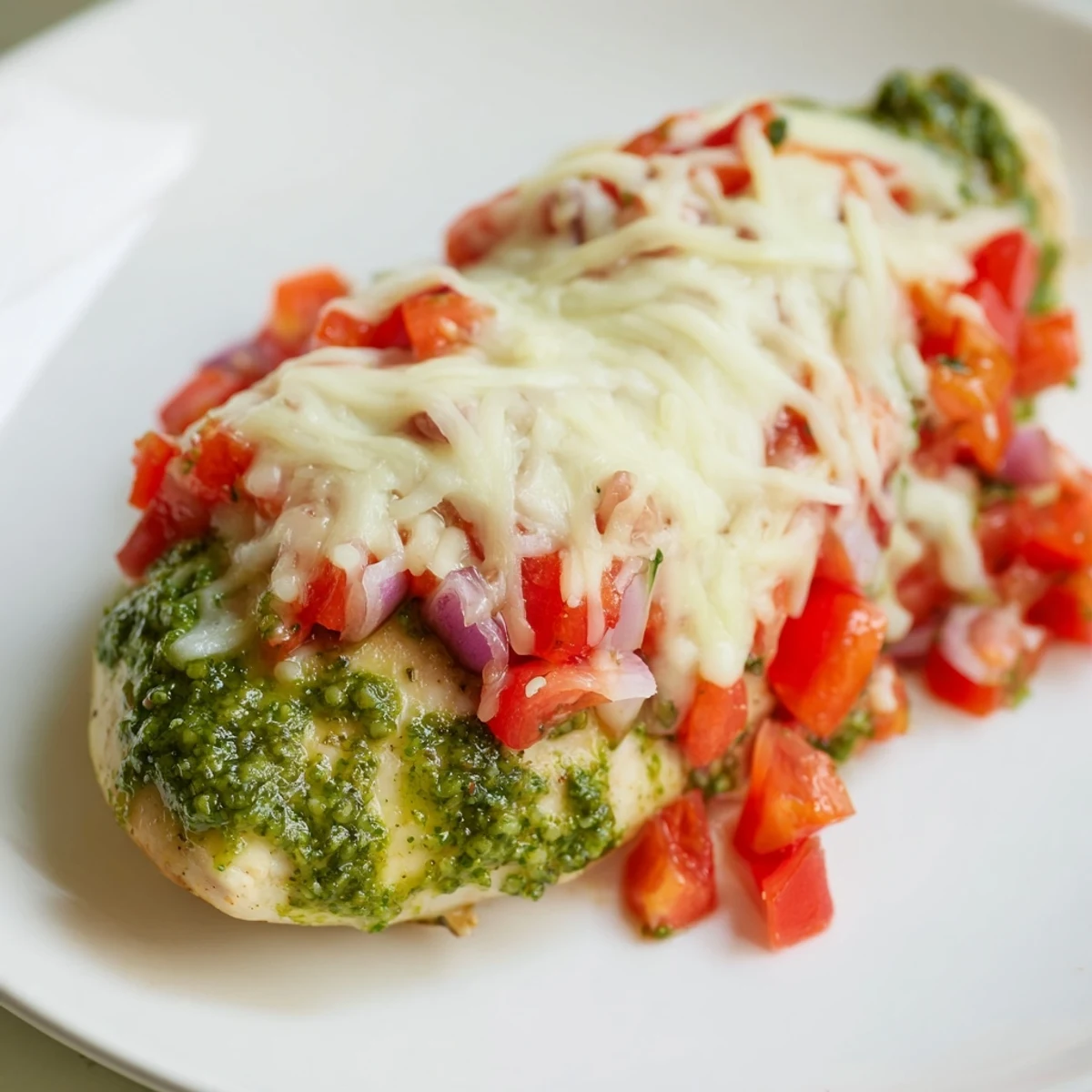 Golden-baked Pesto Bruschetta Chicken breasts topped with melted mozzarella and fresh tomato bruschetta on a plate.