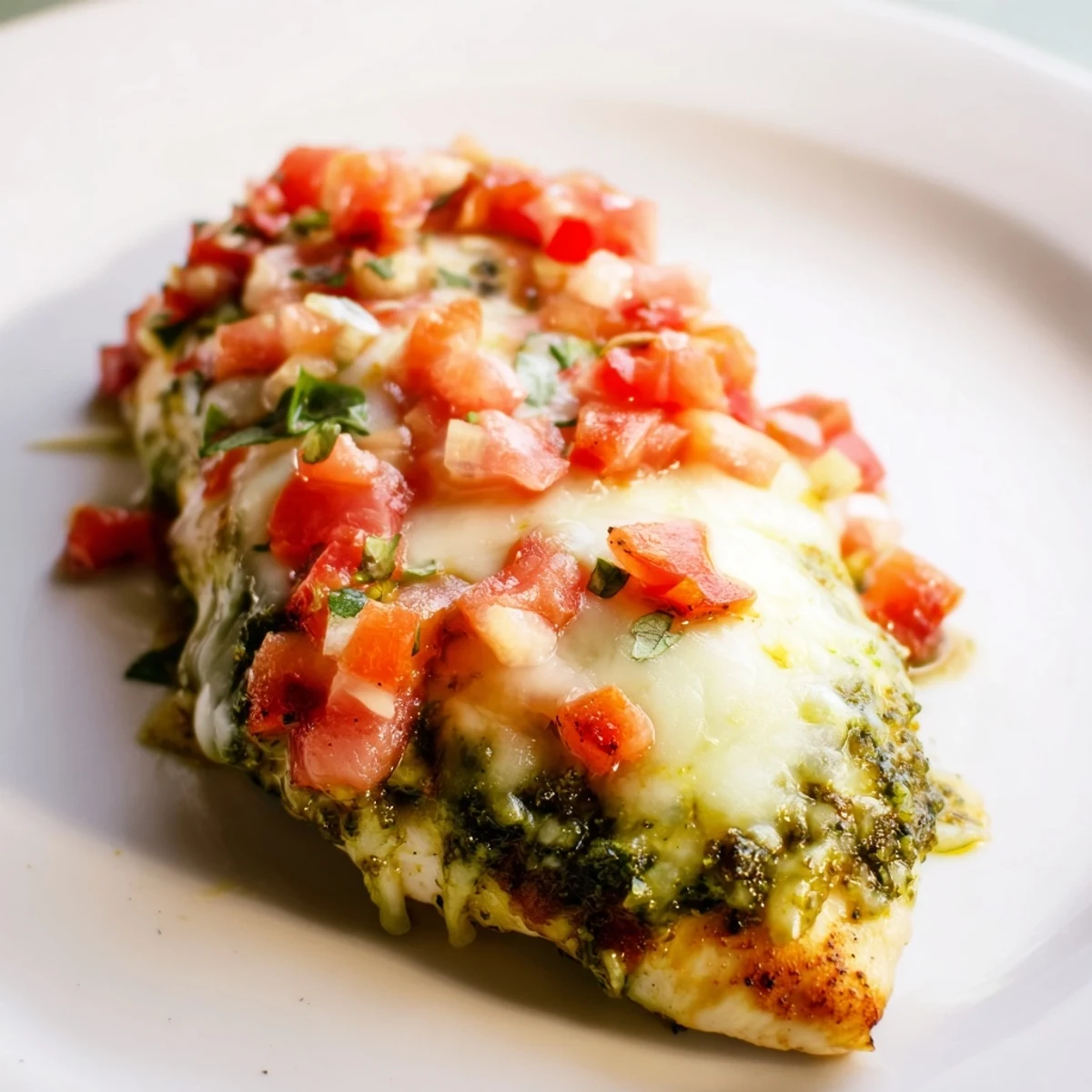 Sizzling Pesto Bruschetta Chicken resting on a platter, garnished with basil and ready to serve.