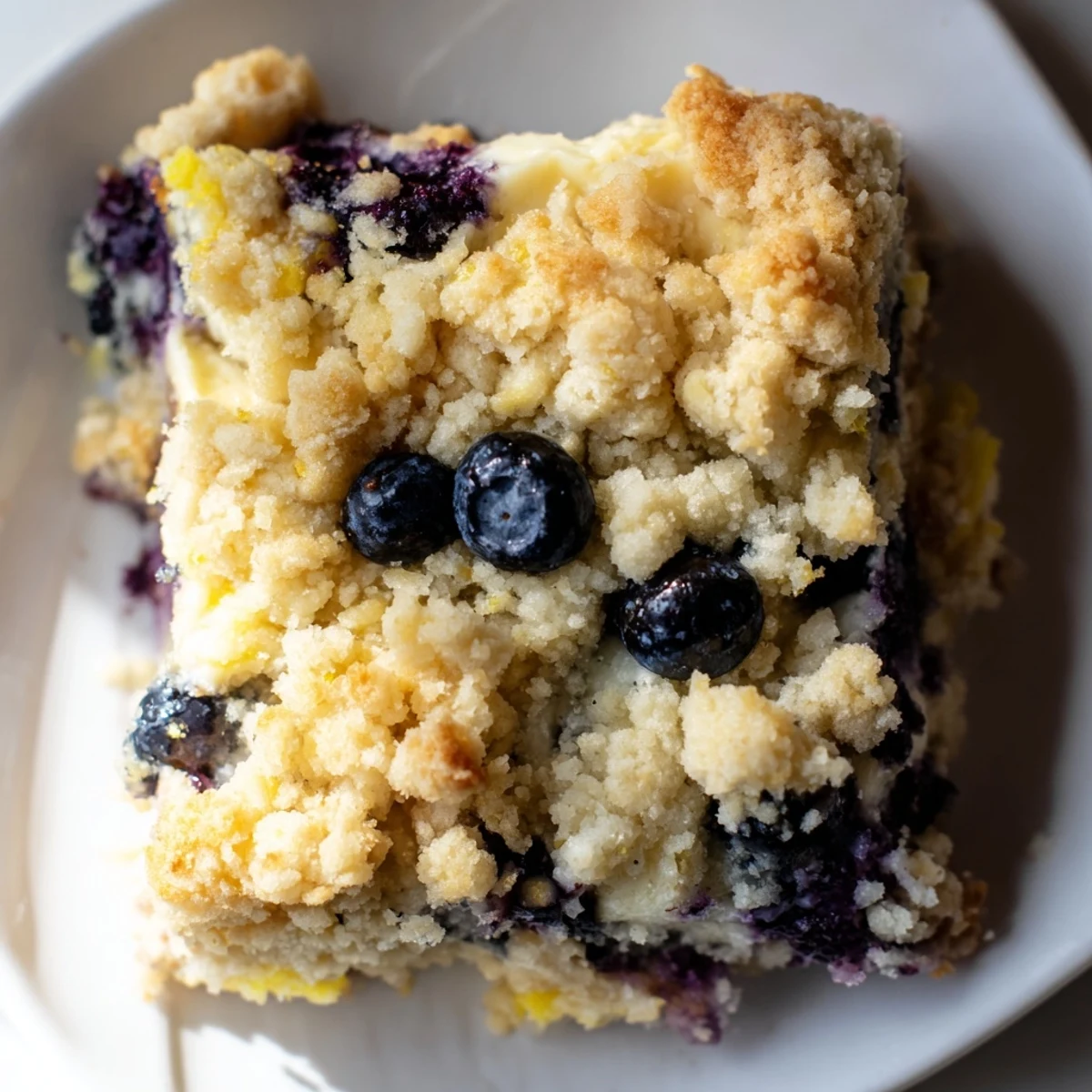 Slice of Lemon Blueberry Cheesecake Dump Cake revealing creamy cheesecake ribbons and bright lemon zest over juicy blueberries.