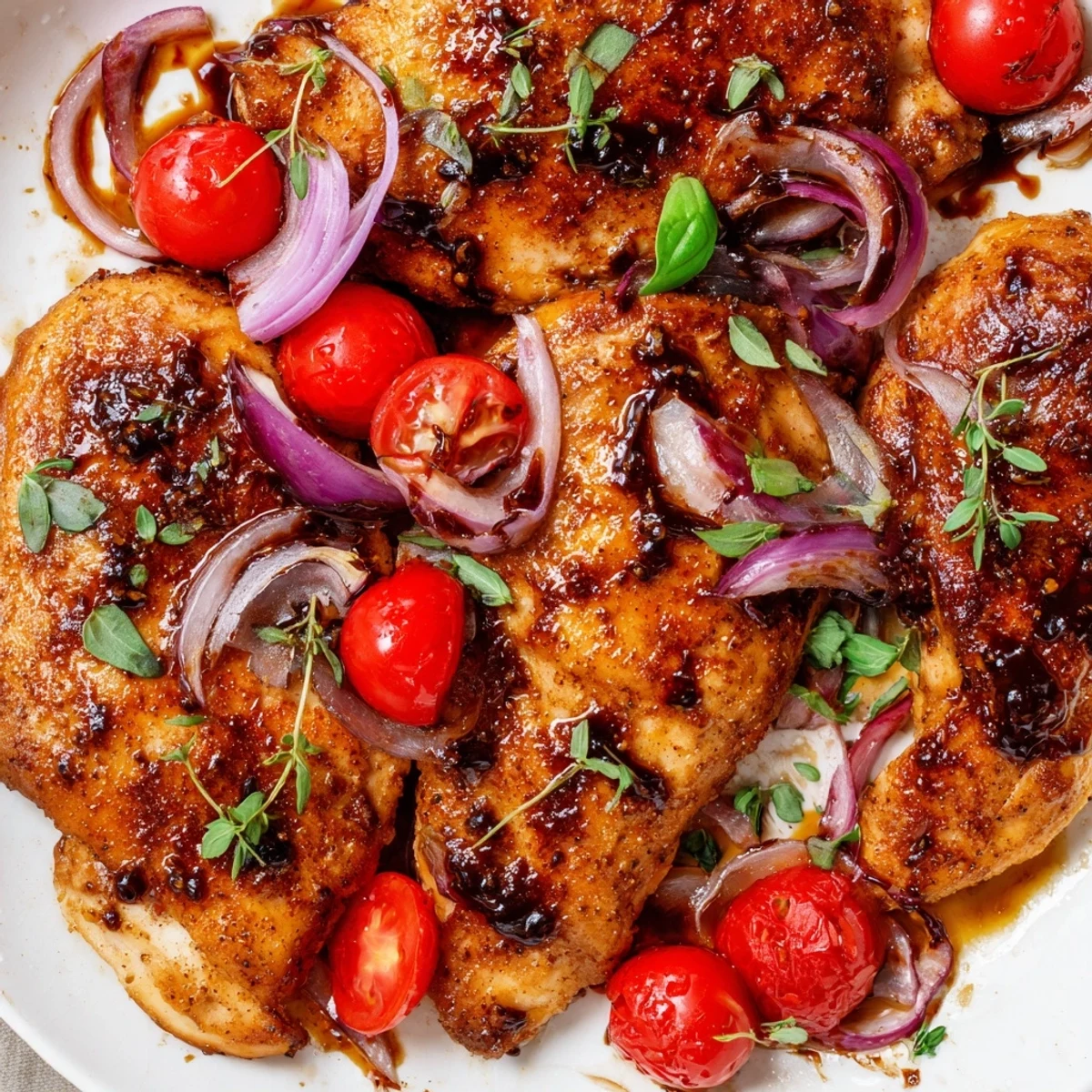 Golden, juicy chicken breasts simmered in balsamic glaze with roasted tomatoes and fresh herbs on a skillet.
