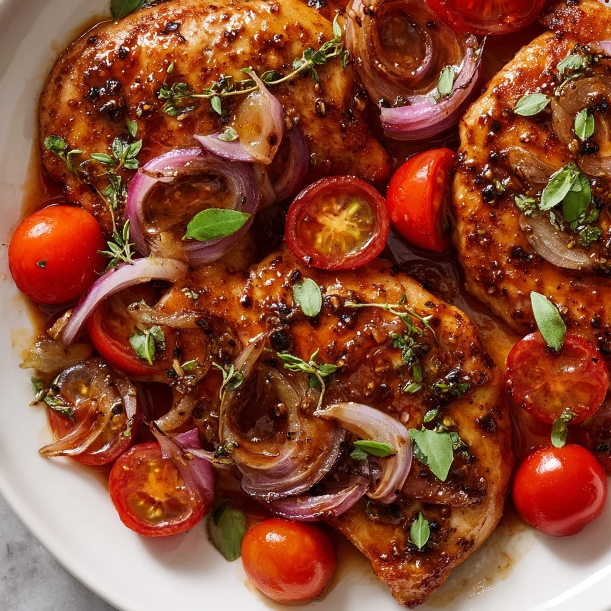 One Pan Juicy Chicken With Balsamic Sauce plated with fresh basil garnish, perfect for a flavorful weeknight family meal.